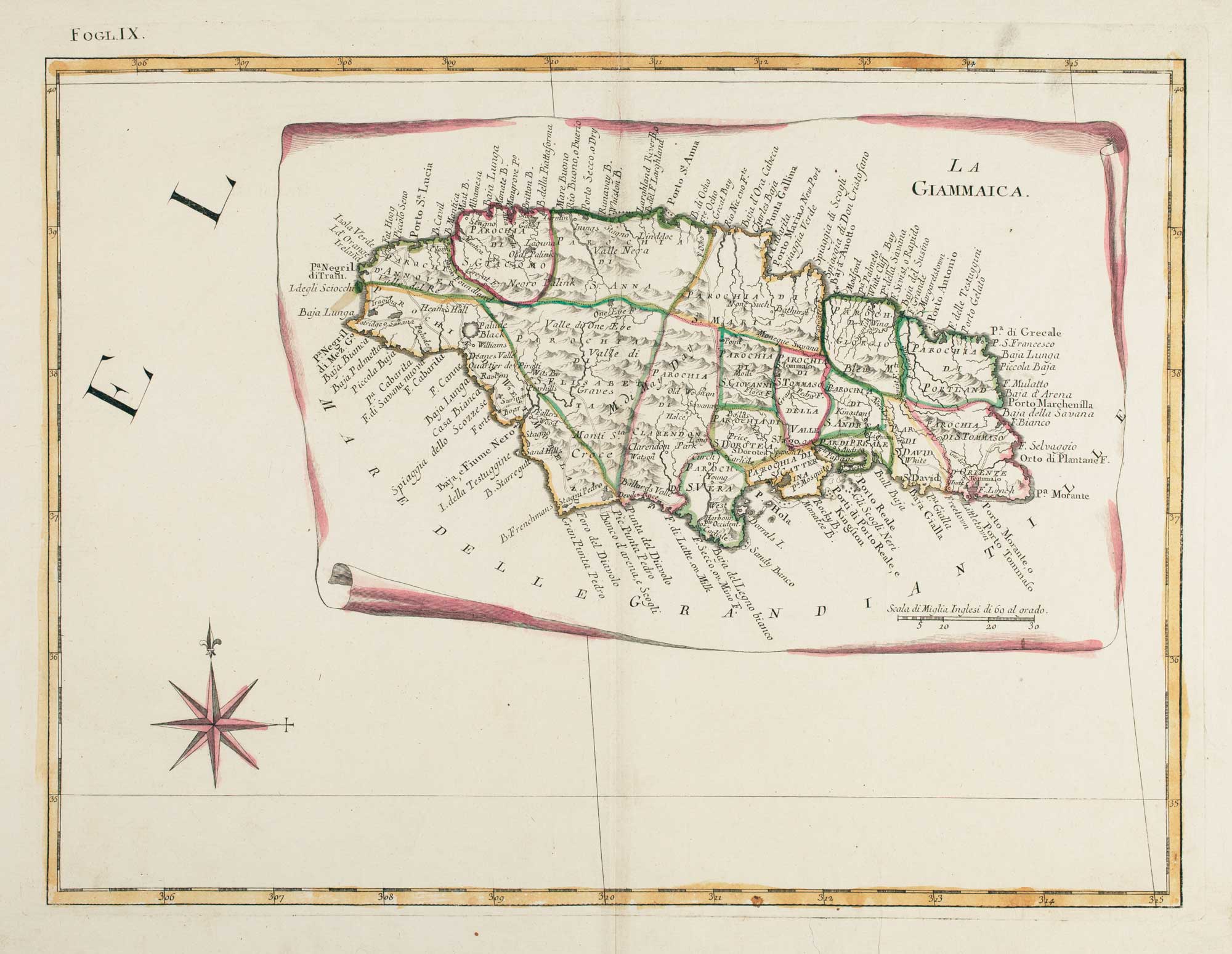 Illustration of an 18th century Italian map of Jamaica with a trompe-l'oeuil scroll