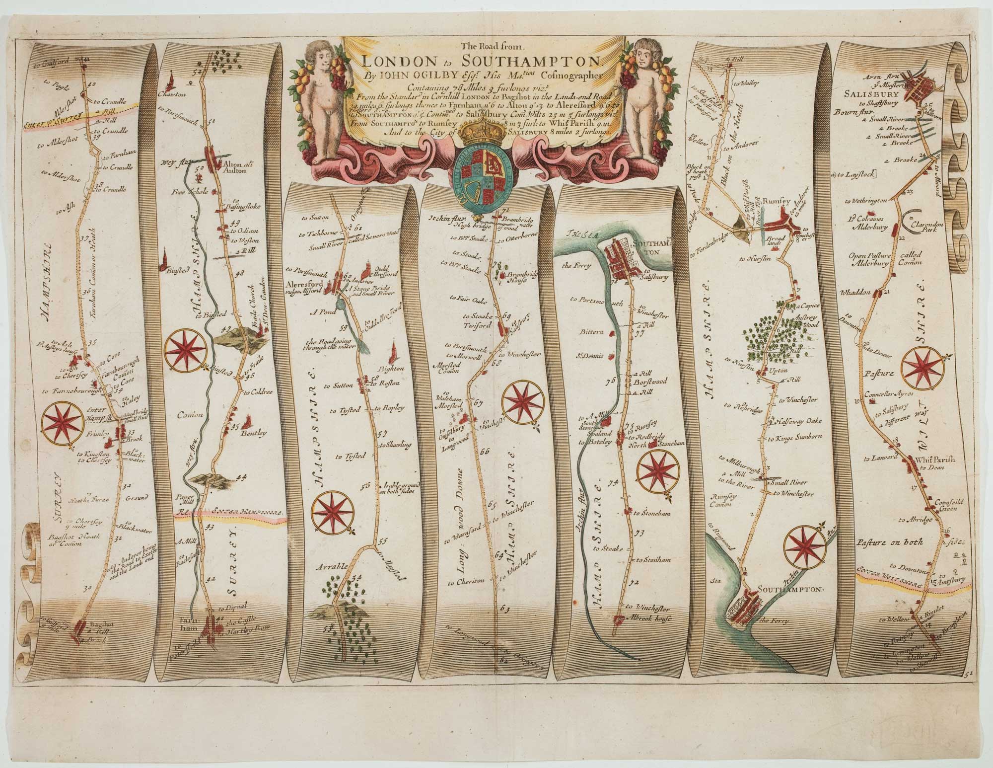 Illustration of the road from Bagshot to Southampton and Salisbury on a 'Britannia' scroll map