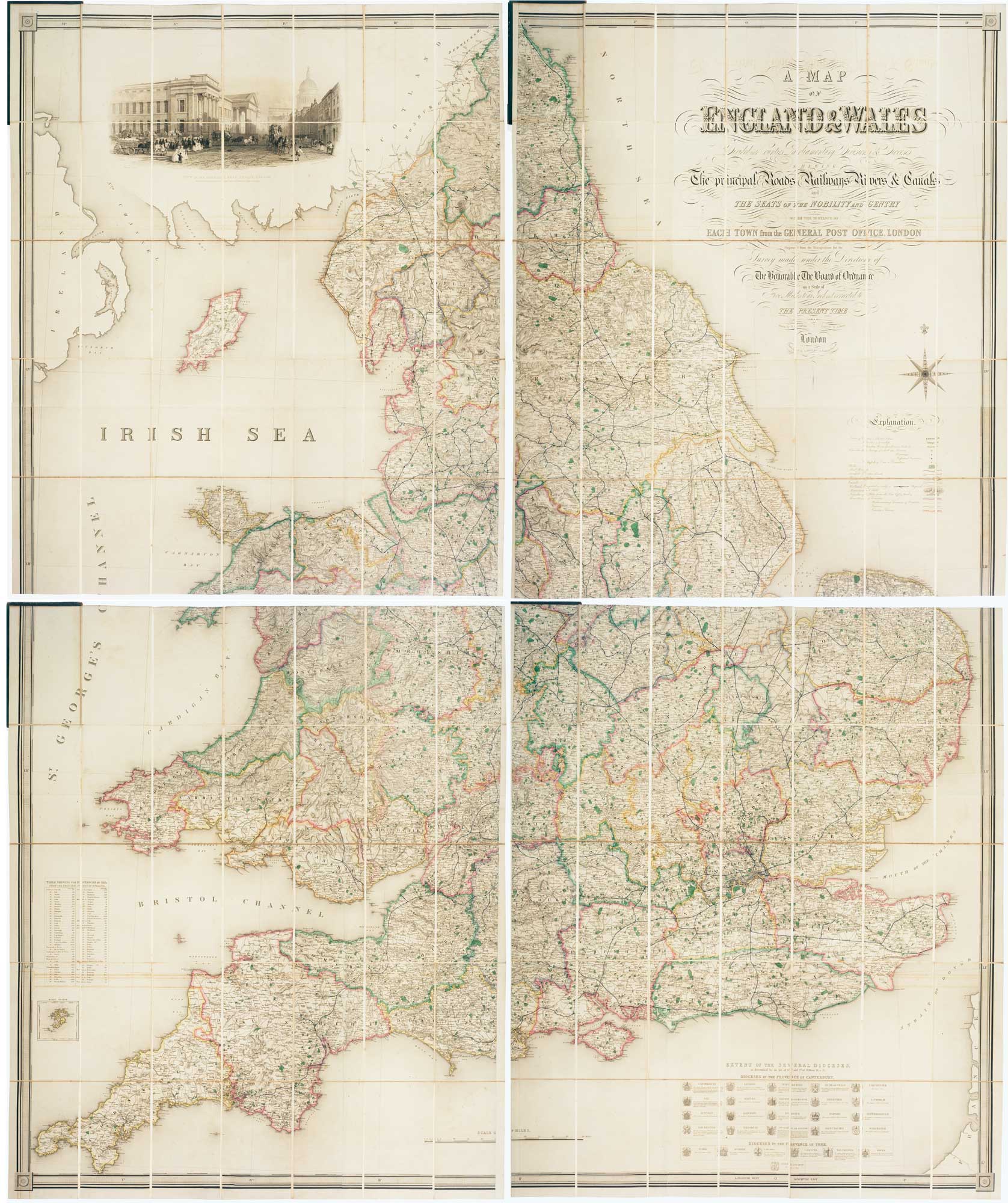 Illustration of a detailed four-sheet folding map of England and Wales with original colour and dioceses coats of arms.