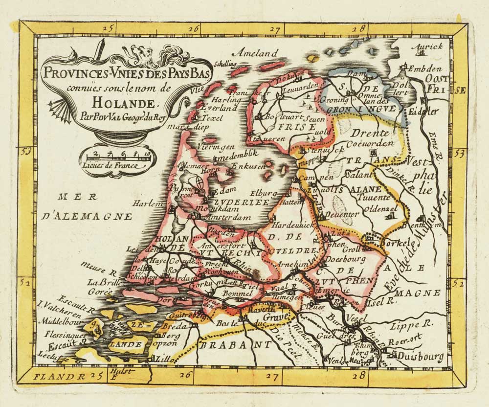 Miniature map of Holland from Du Val's Géographie Universelle showcasing intricate cartographic details