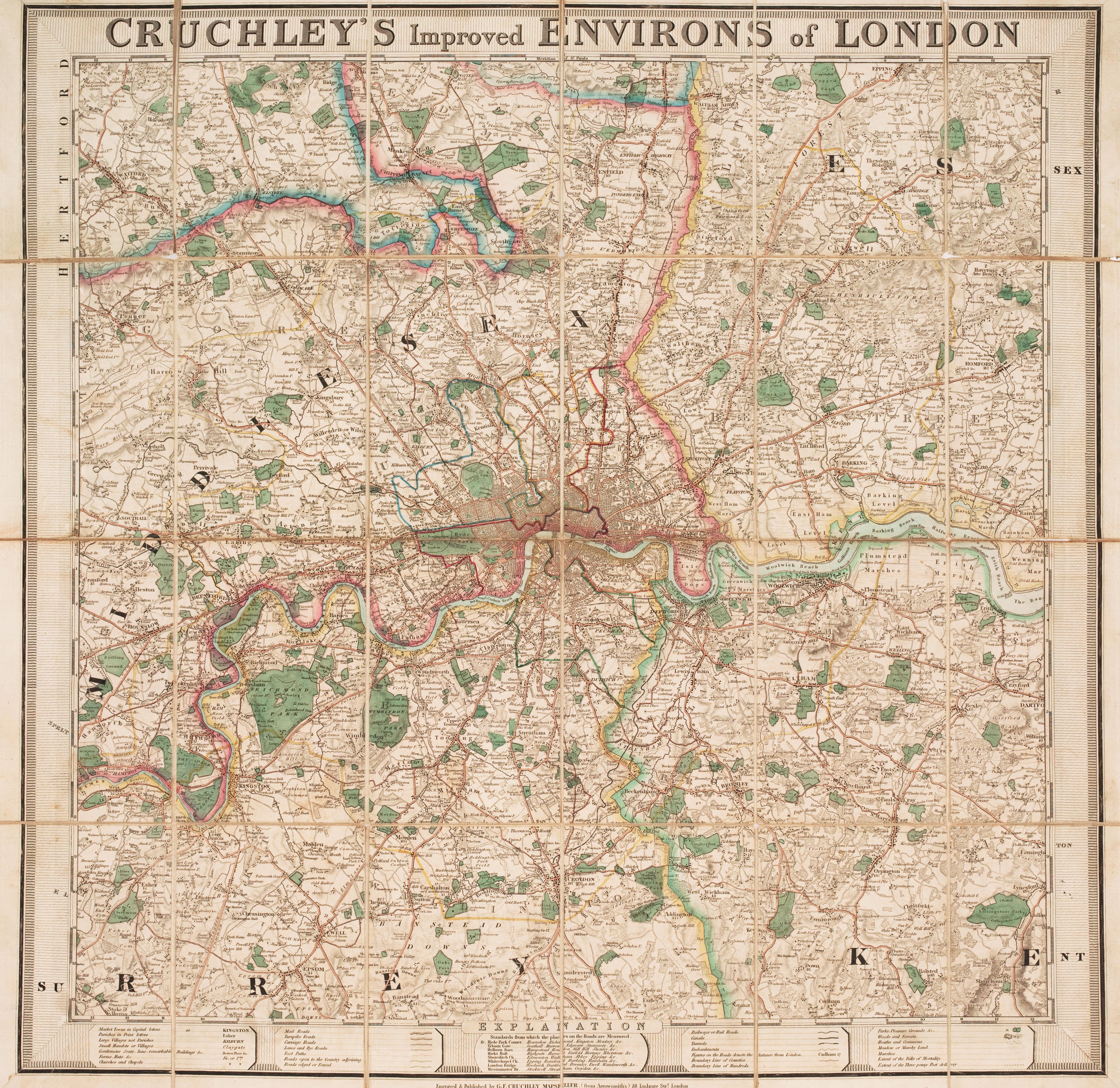 A late-Georgian map of the environs of London - Cruchley's Improved Environs of London. by CRUCHLEY, George Frederick., 1827 – Altea Gallery