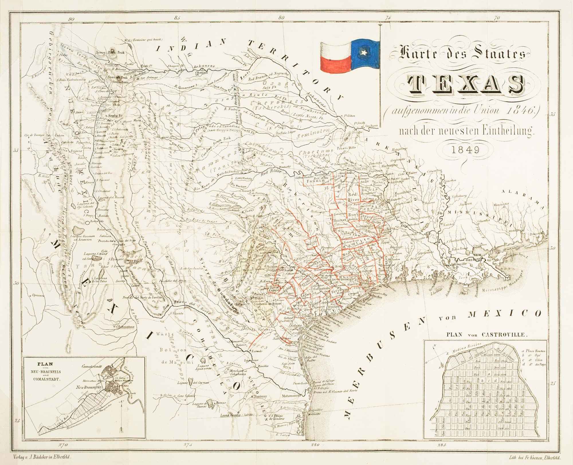 Karte Des Staates Texas (Aufgenommen In Die Union 1846.) Nach by BÄDECKER, Julius., 1849.