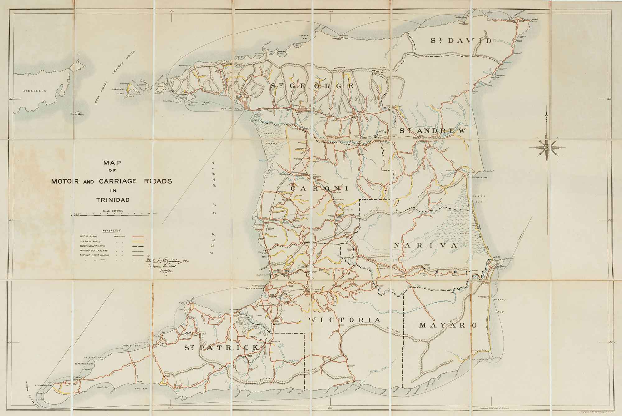 Map of Motor and Carriage Roads in Trinidad. by MACGILLIVRAY, John., 1921.