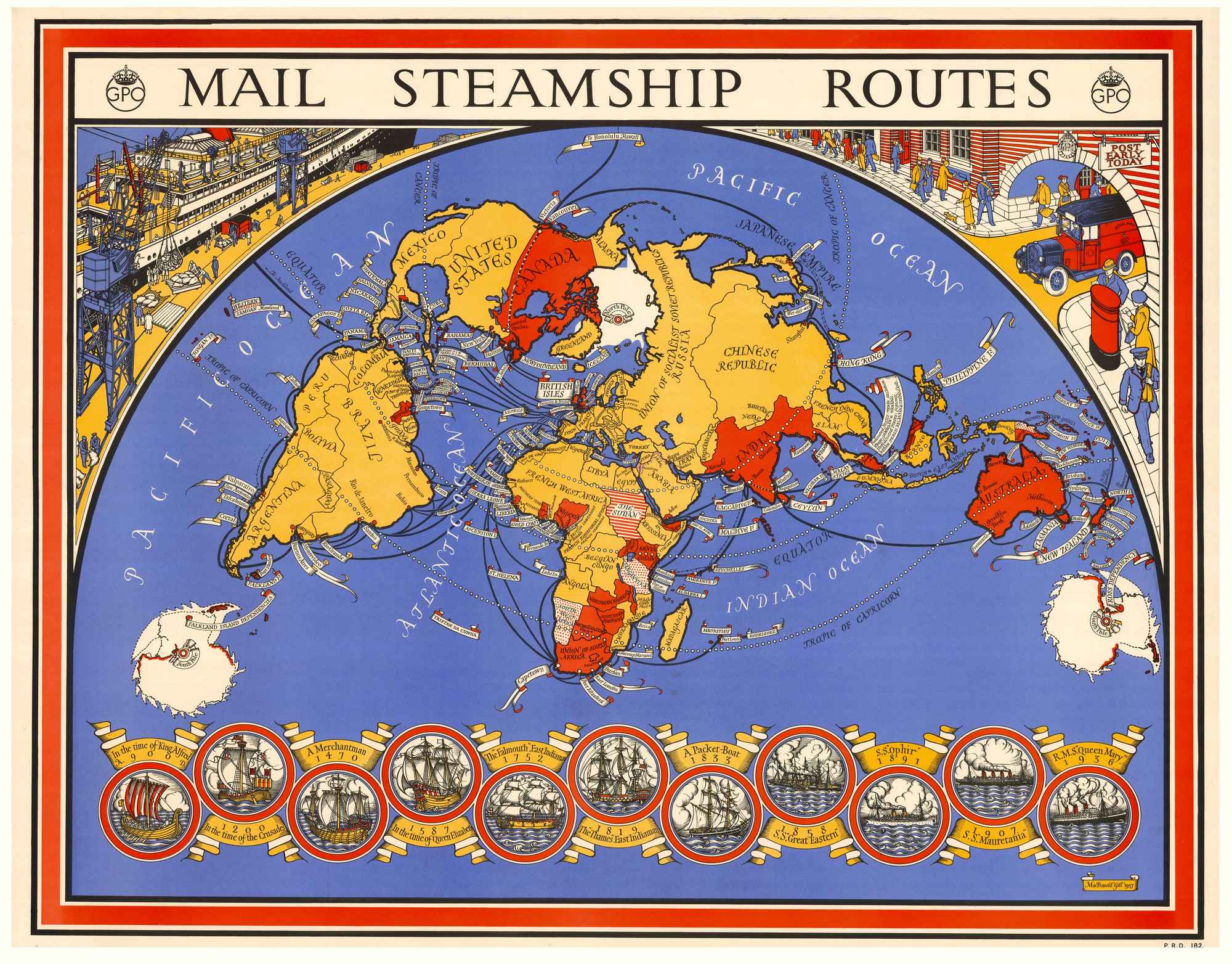 Mail Steamship Routes. by GILL, Leslie MacDonald., 1937.