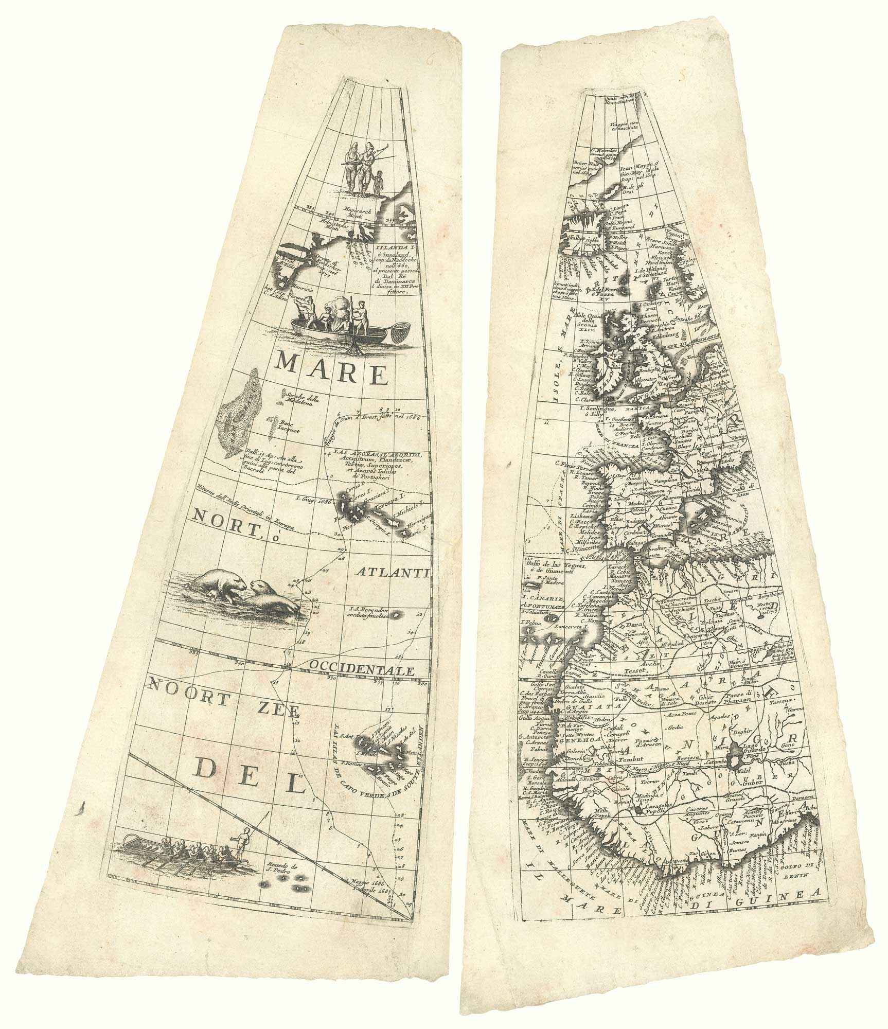 [Two gores from Coronelli's 18" diameter globe.] by CORONELLI, Vincenzo Maria., 1693.