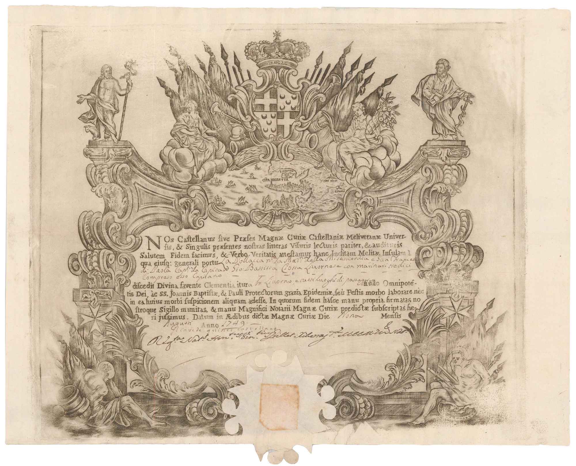 Nos Castellanus sive Praeses Magnae Curiae Castellaniae Melivetanae Universis et by Anonymous., 1749.