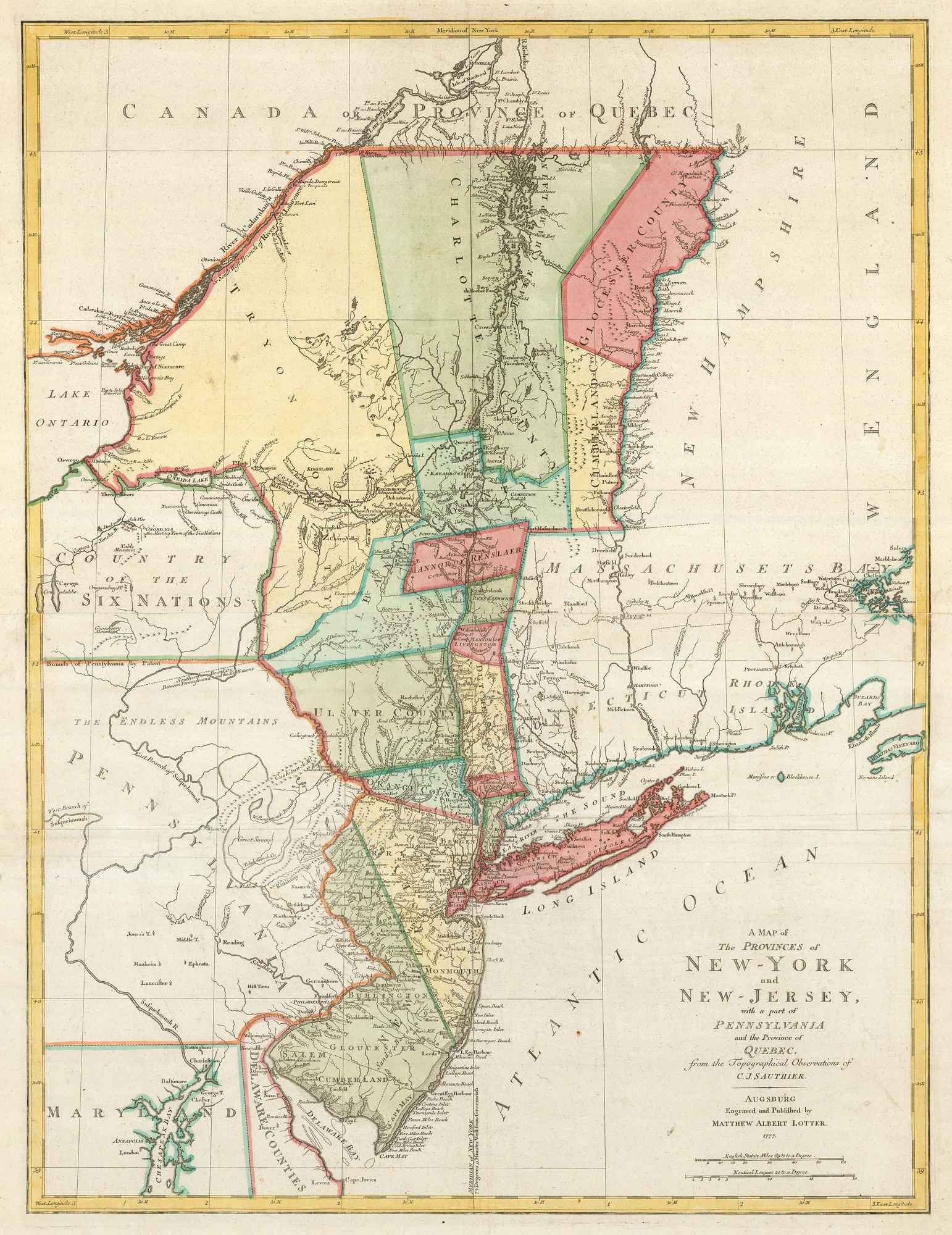 A Map of The Provinces of New-York and New-Jersey, with by LOTTER, Matthaus Albrecht., 1777.