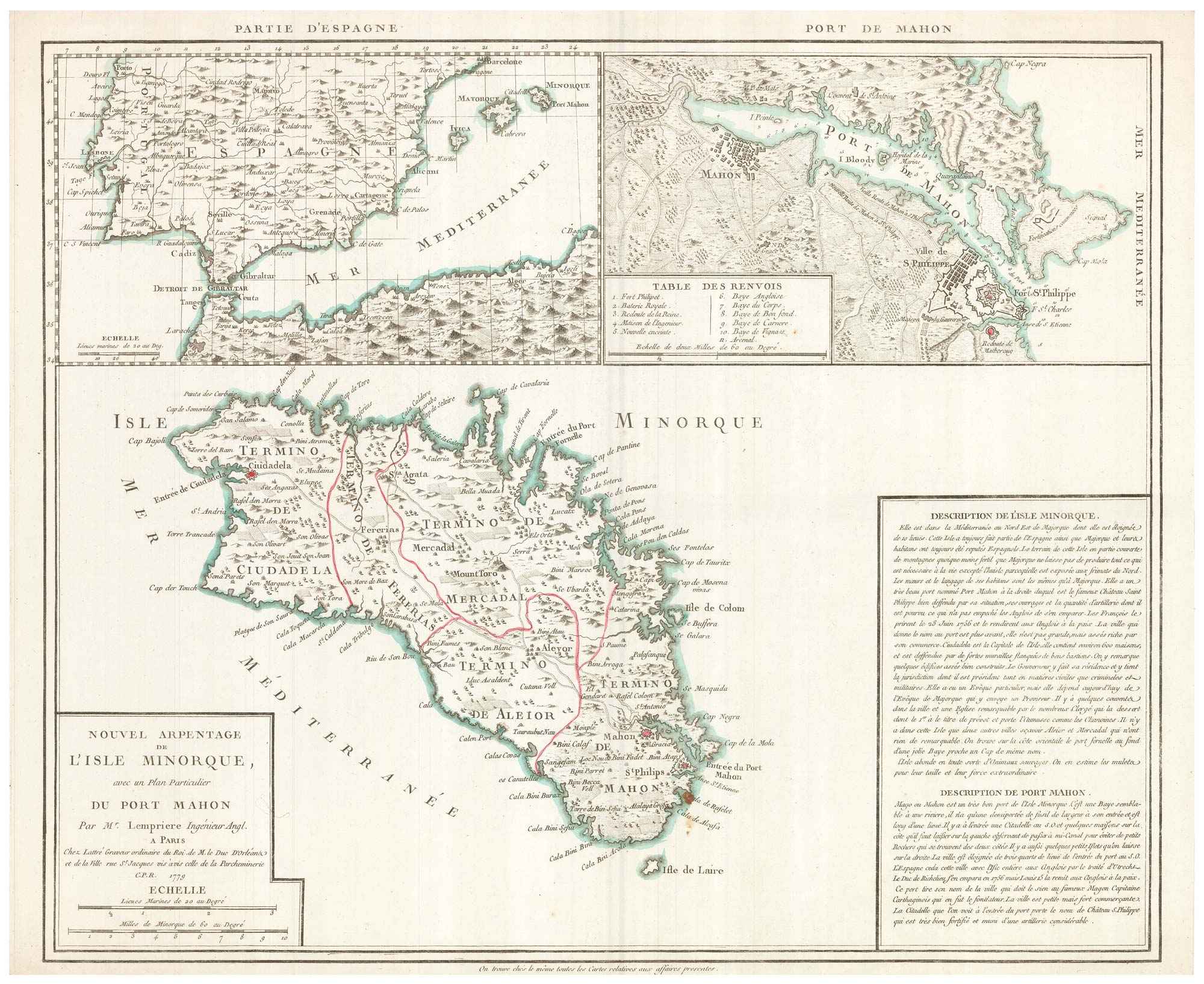 Nouvel Arpentage de L’Isle Minorque, avec un Plan Particulier de by LEMPRIERE, Clement., 1779.
