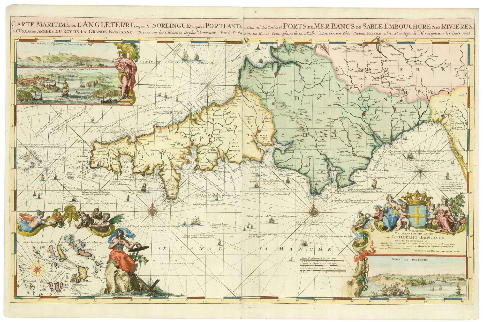 Carte Maritime de l'Angleterre depuis les Sorlingues jusques à Portland, by HOOGHE, Romeyn de., 1693.