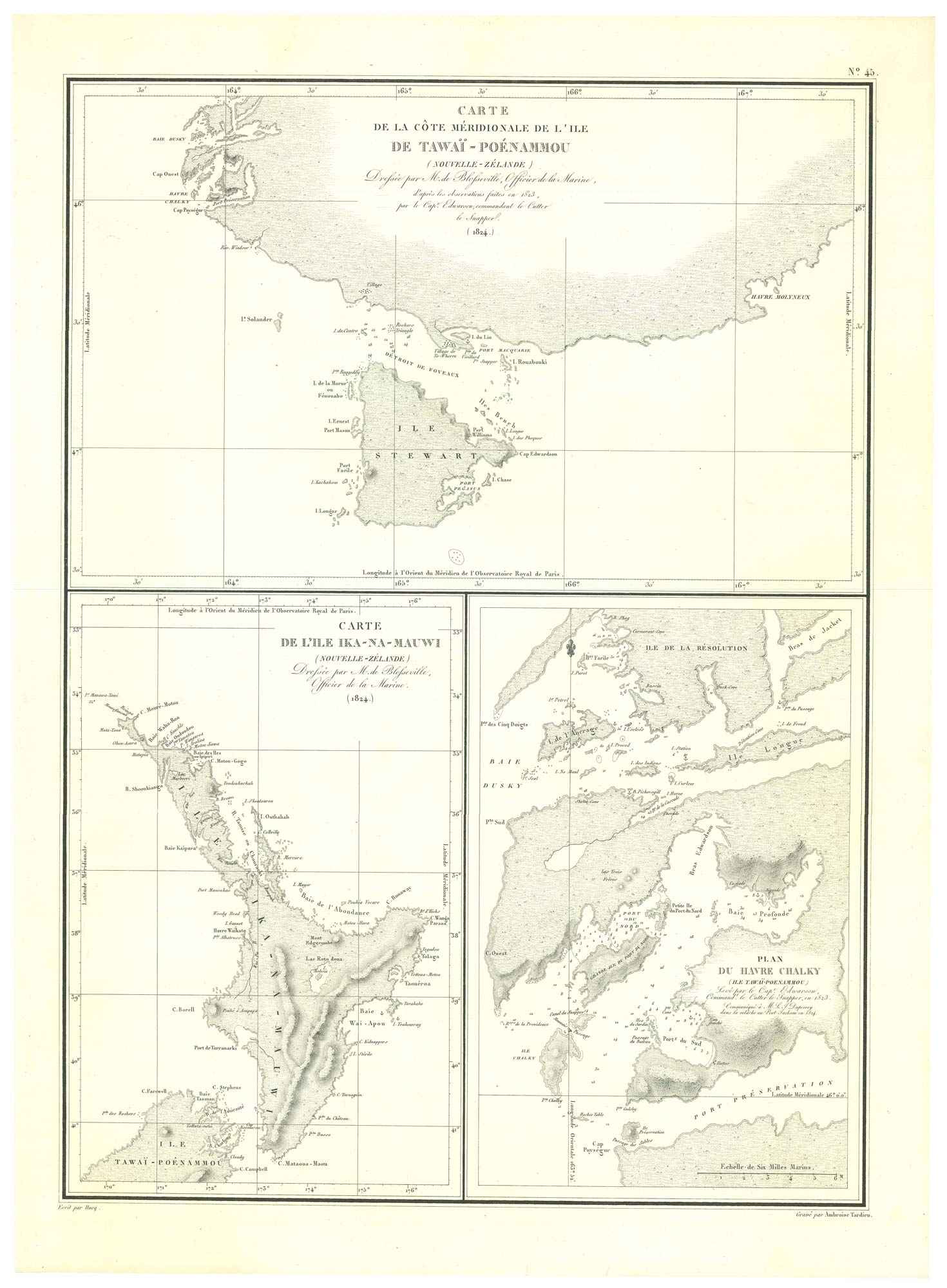 Carte de la Côte Méridionale de L'Isle de Tawaï-Poénammou (Nouvelle-Zélande)... by DUPERREY, Louis-Isidore., 1829.