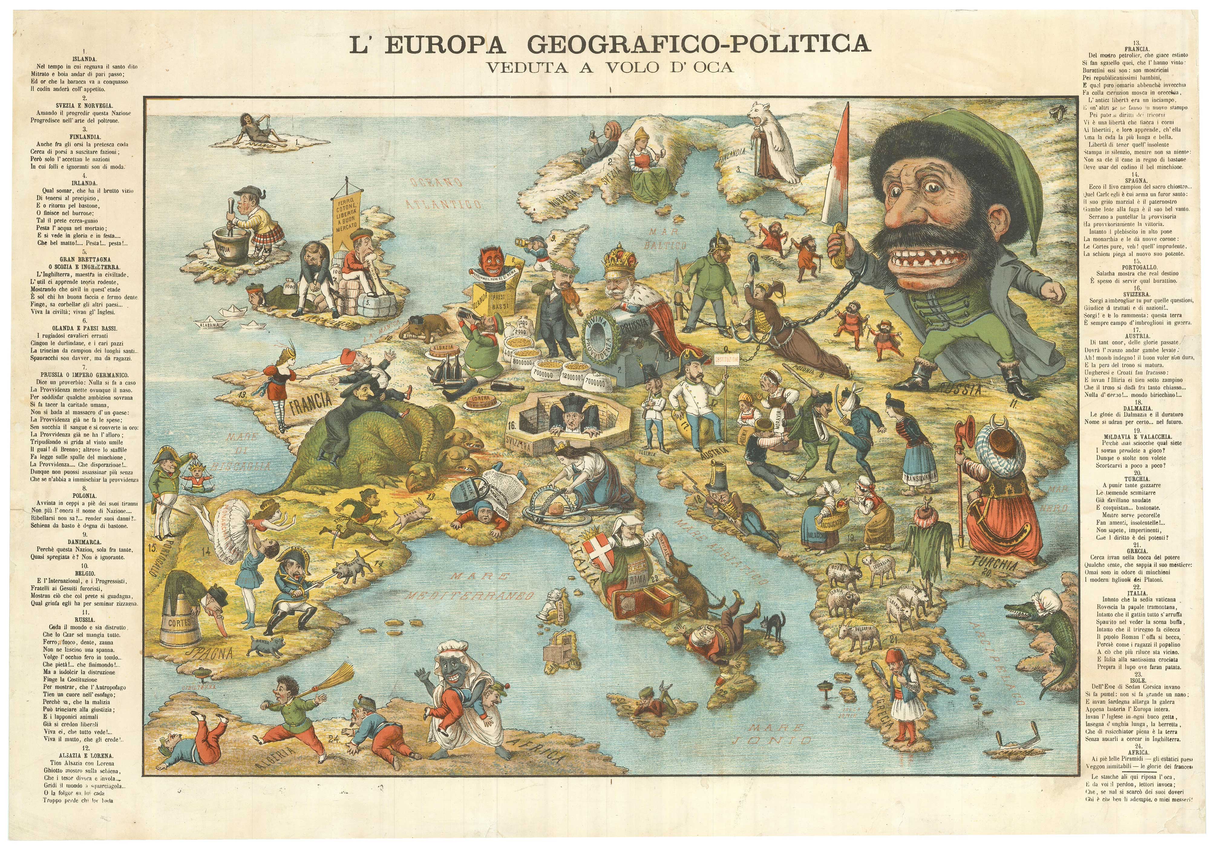 Manfredi serio comic map, title: L'Europa Geografico-Politica Veduta a Volo d'Oca.
