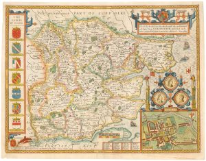 Essex, devided into Hundreds, with the most antient and fayre Towne Colchester Described and other memorable Monuments observed. Anno 1662. John Speed's map of Essex