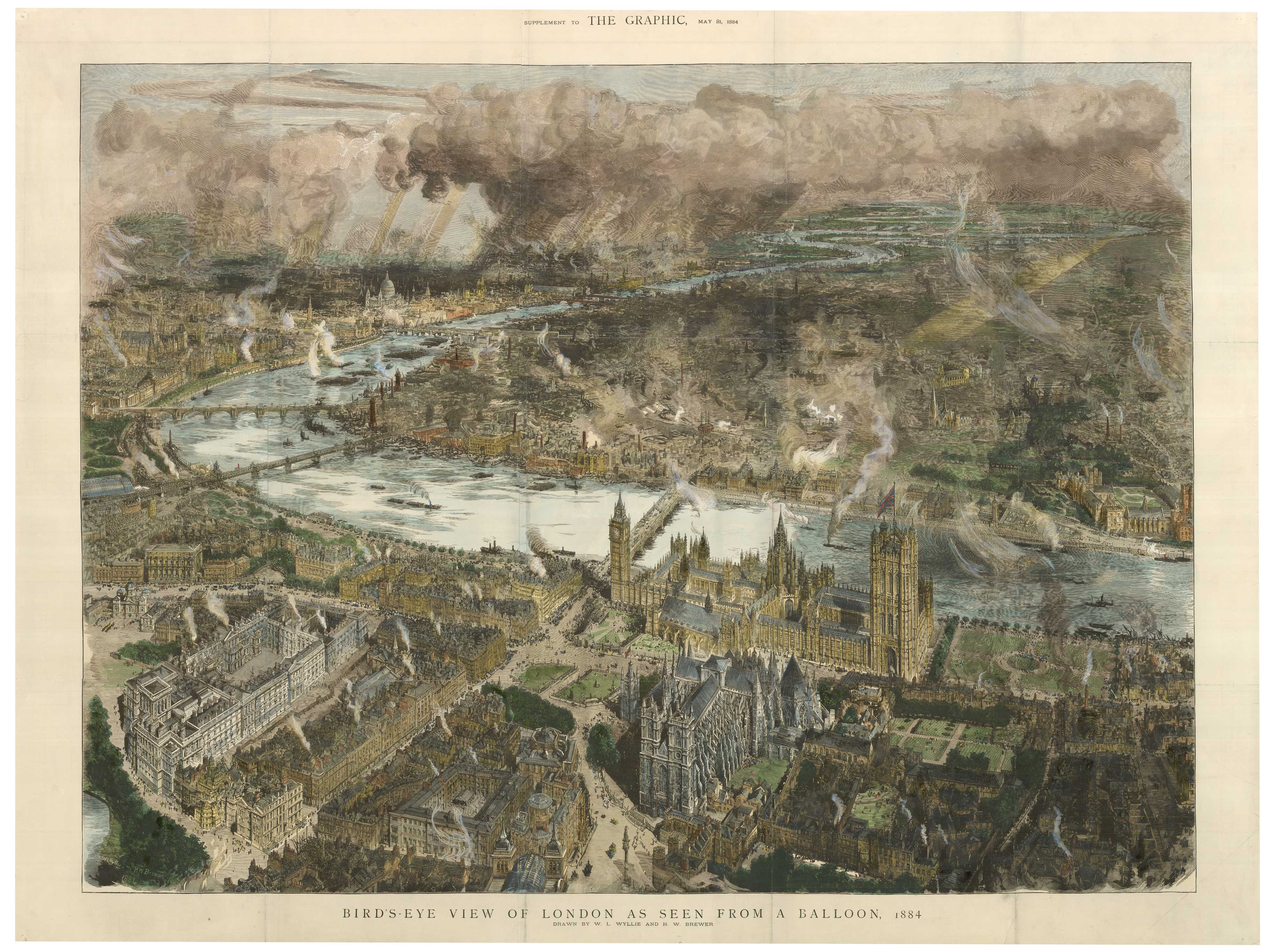 Bird's-Eye View of London as Seen from a Balloon, 1884. by WYLLIE, William Lionel., 1884.