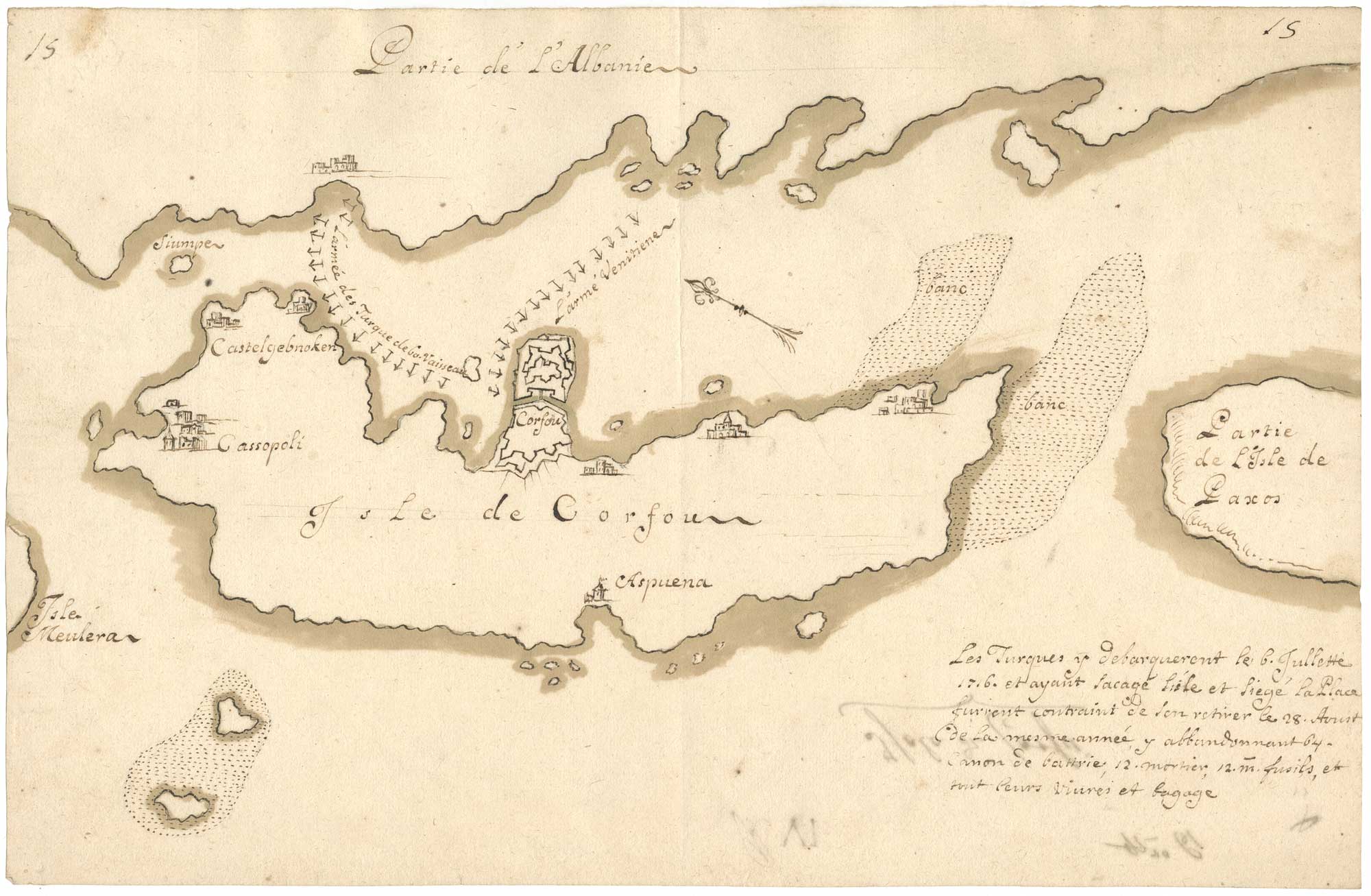 A manuscipt map of the Siege of Corfu in 1716