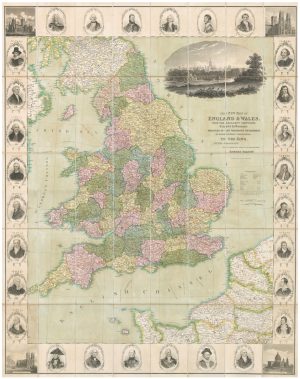 Seaton's wall map of England. Title: This New Map of England and Wales, with the Adjacent Countries, Compiled by Surveyors in the Ordnance Department..