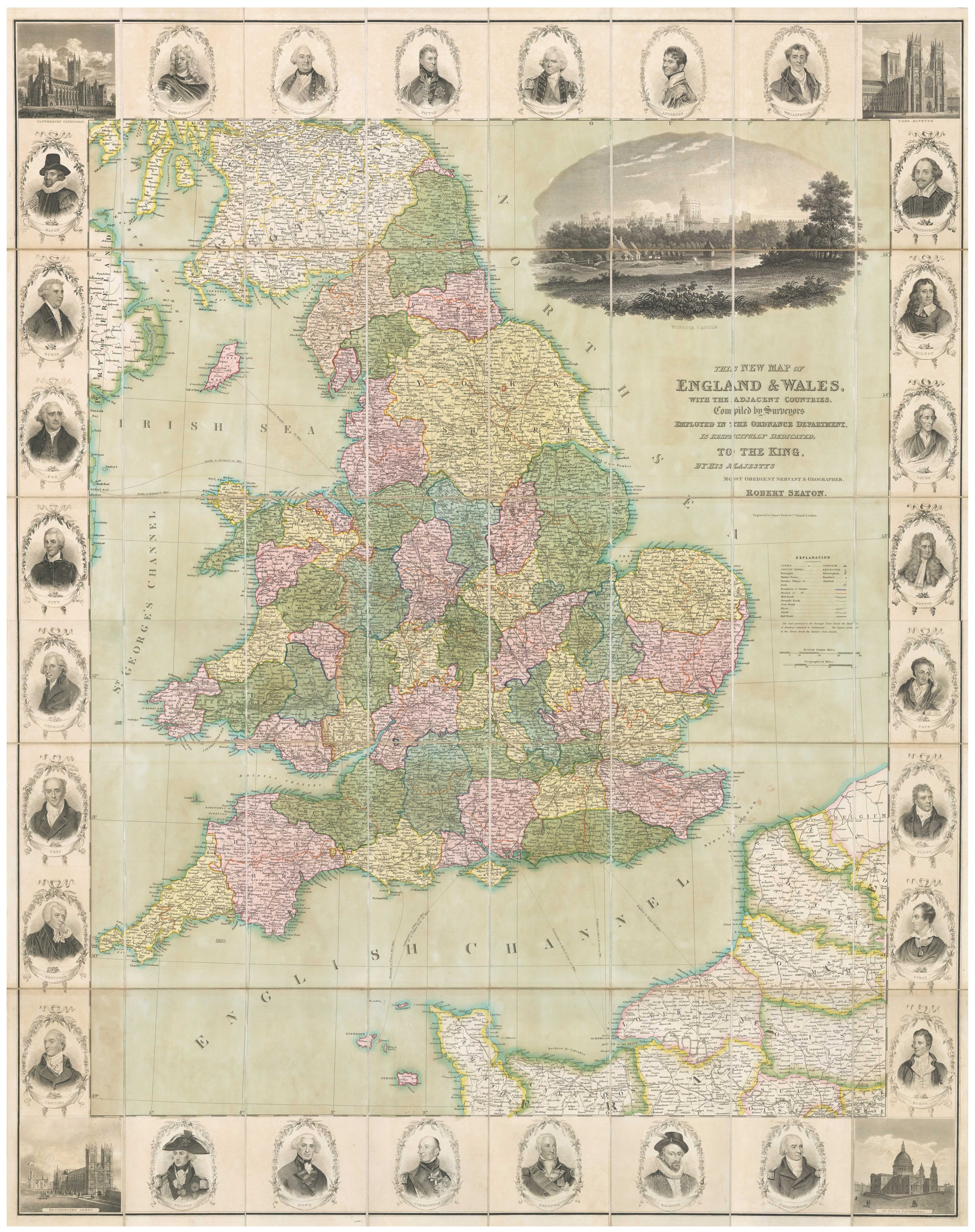 Seaton's wall map of England. Title: This New Map of England and Wales, with the Adjacent Countries, Compiled by Surveyors in the Ordnance Department..
