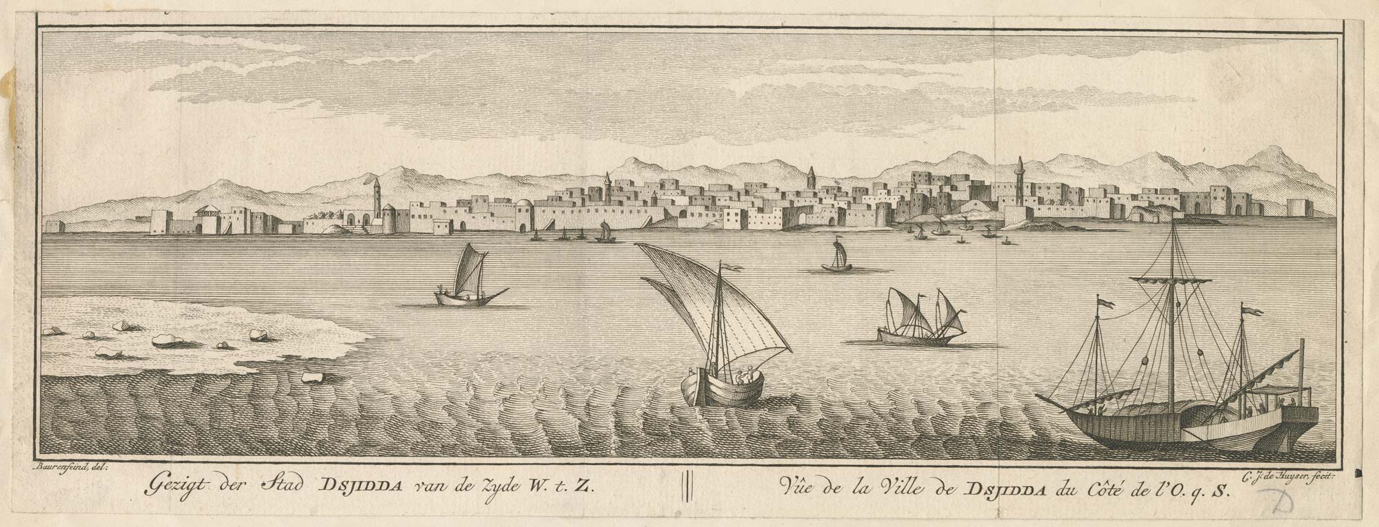 Gezigt der Stad Dsjidda van de Zyde W.. t. Z. by NIEBUHR, Carsten., 1776.