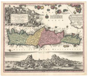 Insula Creta nunc Candia in sua IV. Territoria distincta.. by SEUTTER, Matthaus., 1730.