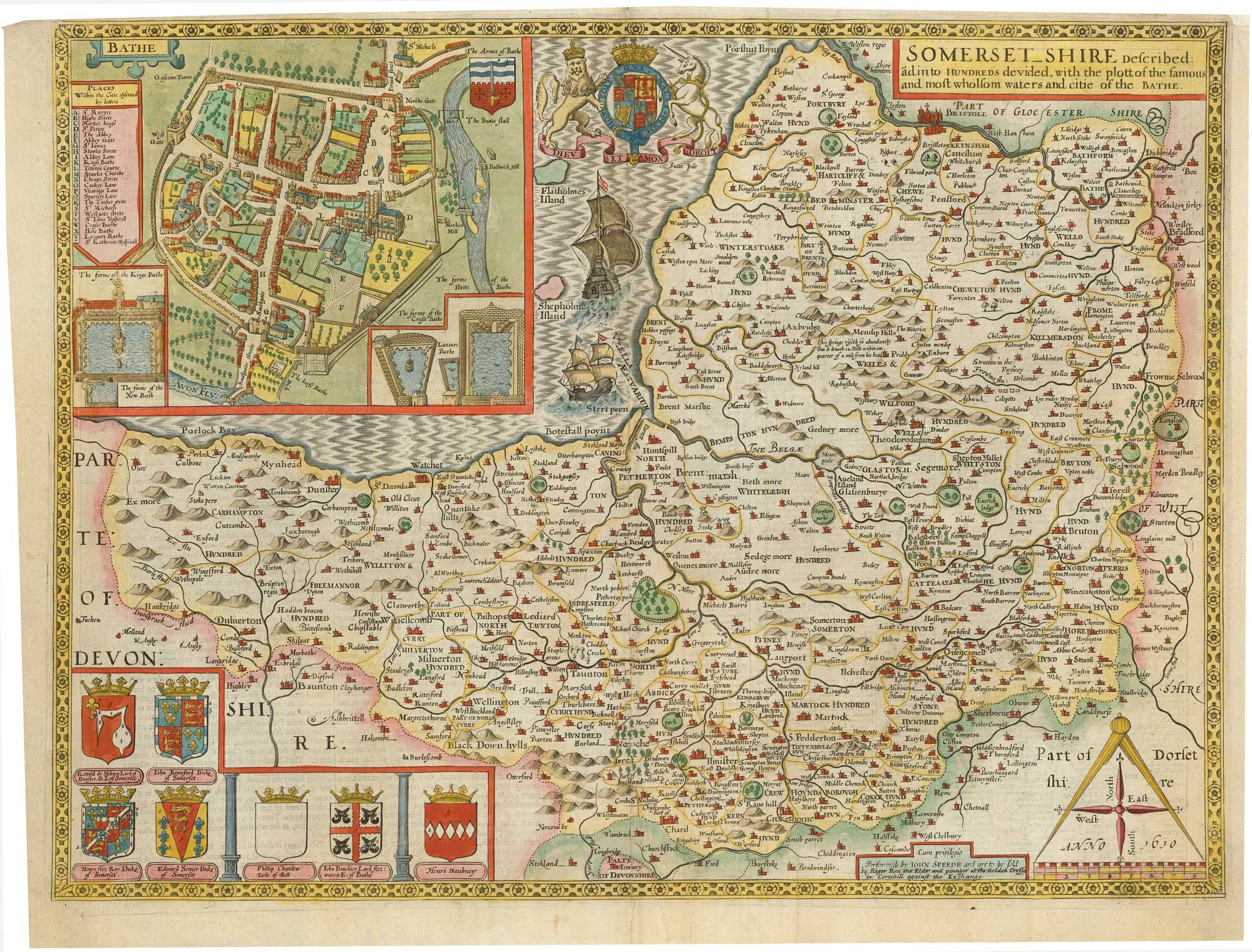John Speed Somerset: Somerset_Shire Described ãd into Hundreds devided, with the plott of by SPEED, John., 1665.