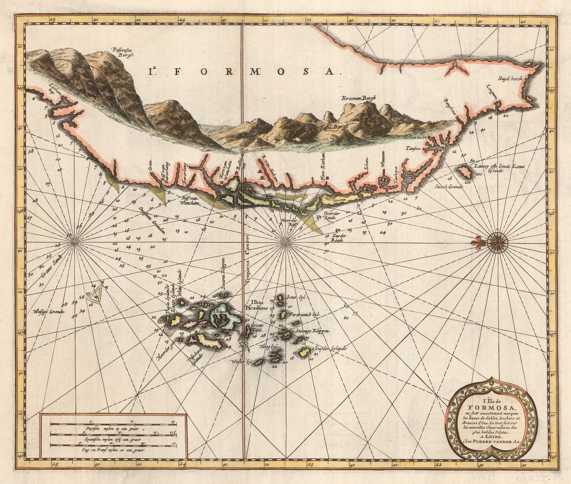 Sea Chart of Taiwan by Van der Aa. Title: L'Ile de Formosa, ou sont exactement marquez les Bancs de Sables, Rochers et Brasses d'Eau..