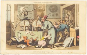 Death, with his dart proceeds to flog th'astonish'd, flogging pedagogue". by ROWLANDSON, Thomas, 1816.