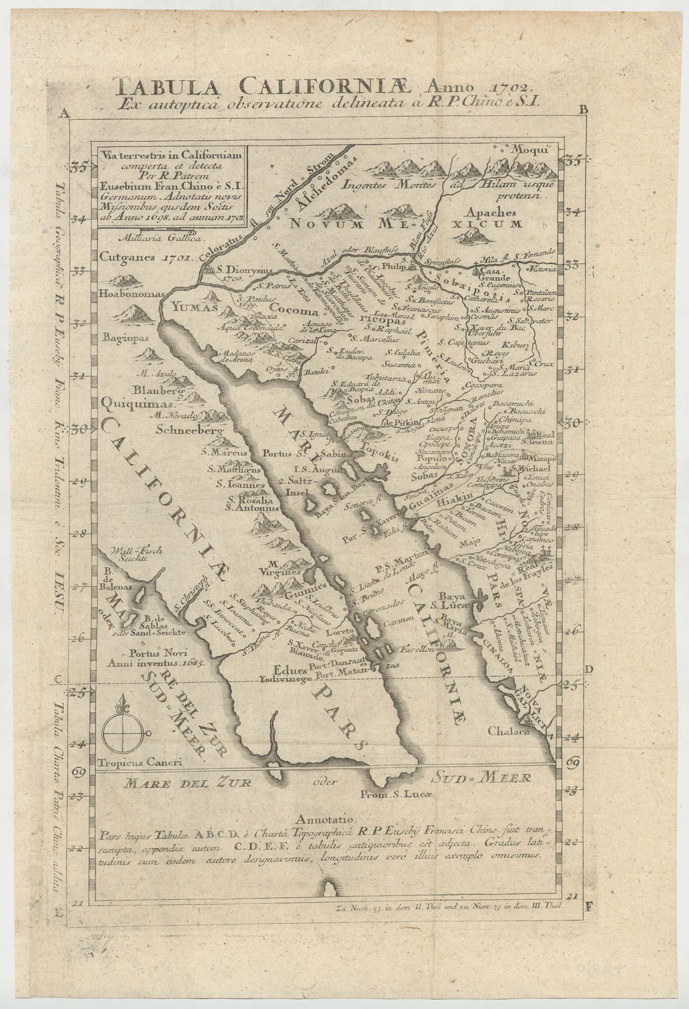 Kino map of California, Tabula Californiae Anno 1702 Ex autoptica observatione delineata a R.P. Chino è S.I.