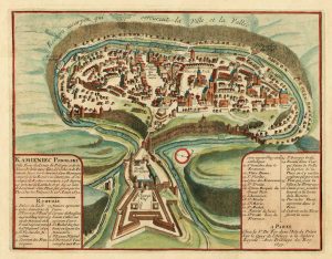 Bird’s-eye view of Kamianets-Podilskyi by Nicolas de Fer 1693