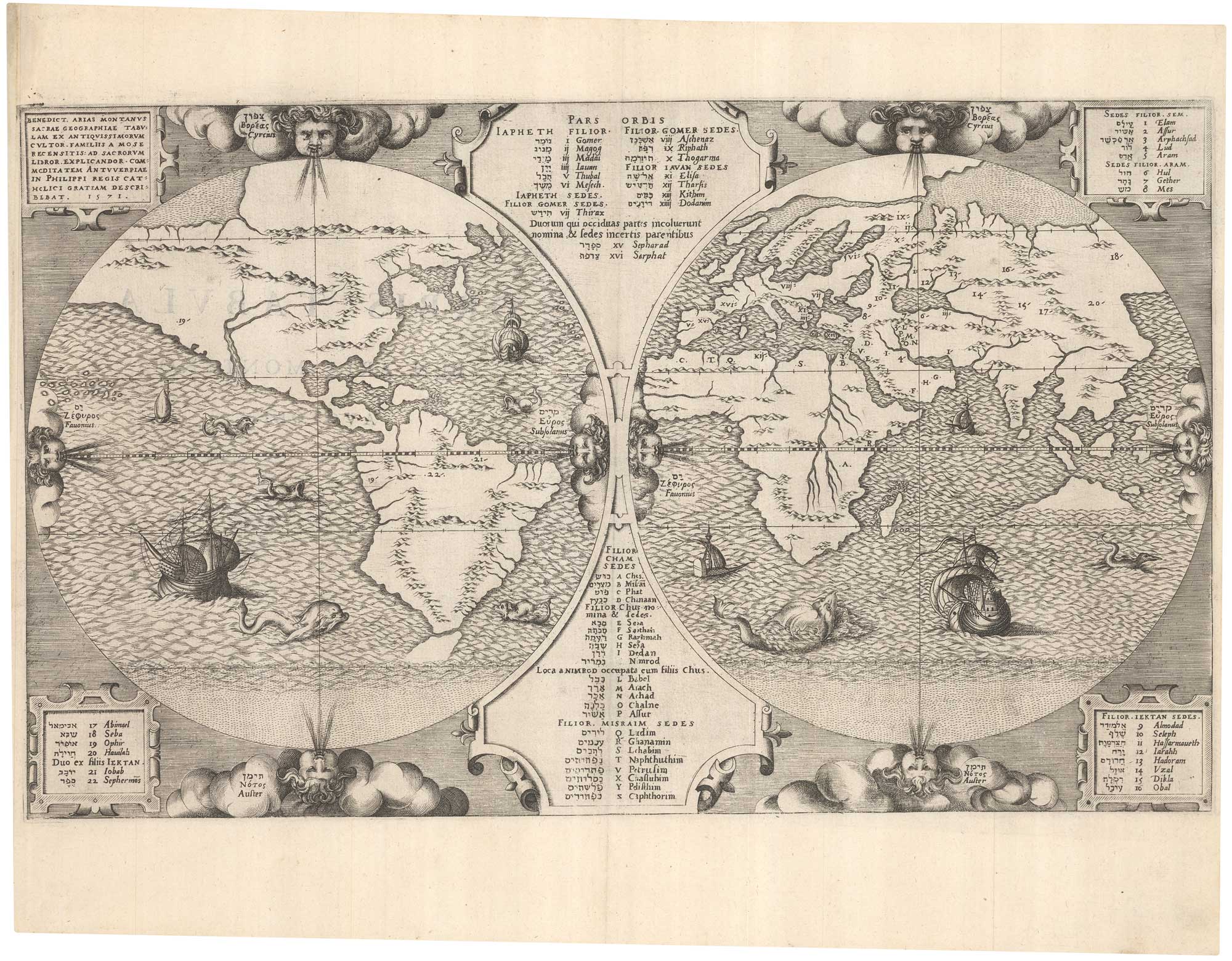 1571 Arias Montanus world map (rare first state), Benedict Arias Montanus Sacrae Geographiae Tabulam ex Antiquissimorum Cultor... 1571.