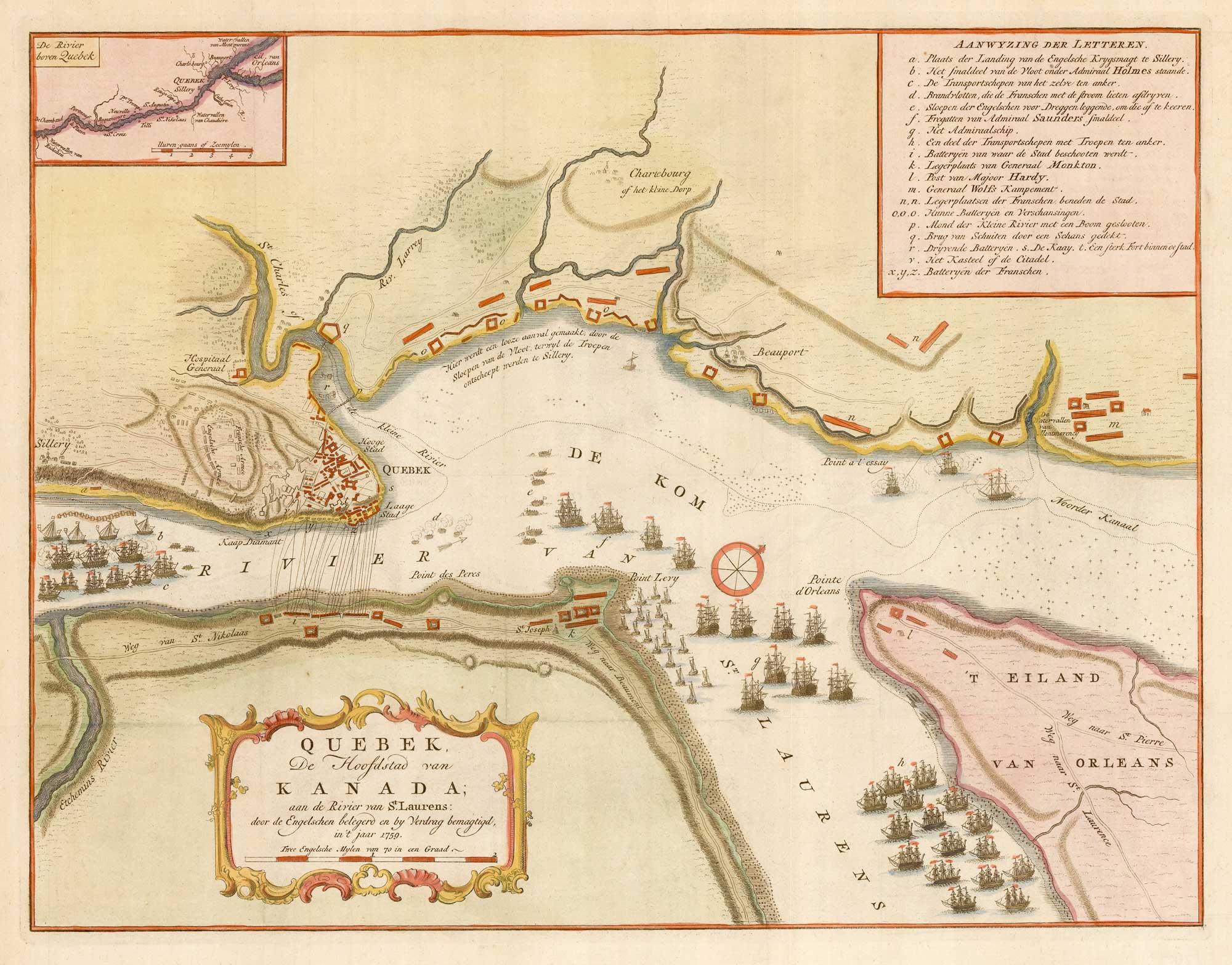 Tirion's map of the British attack on Quebec, Quebek, De Hoofdstad van Kanada; aan de Rivier van St. Laurens
