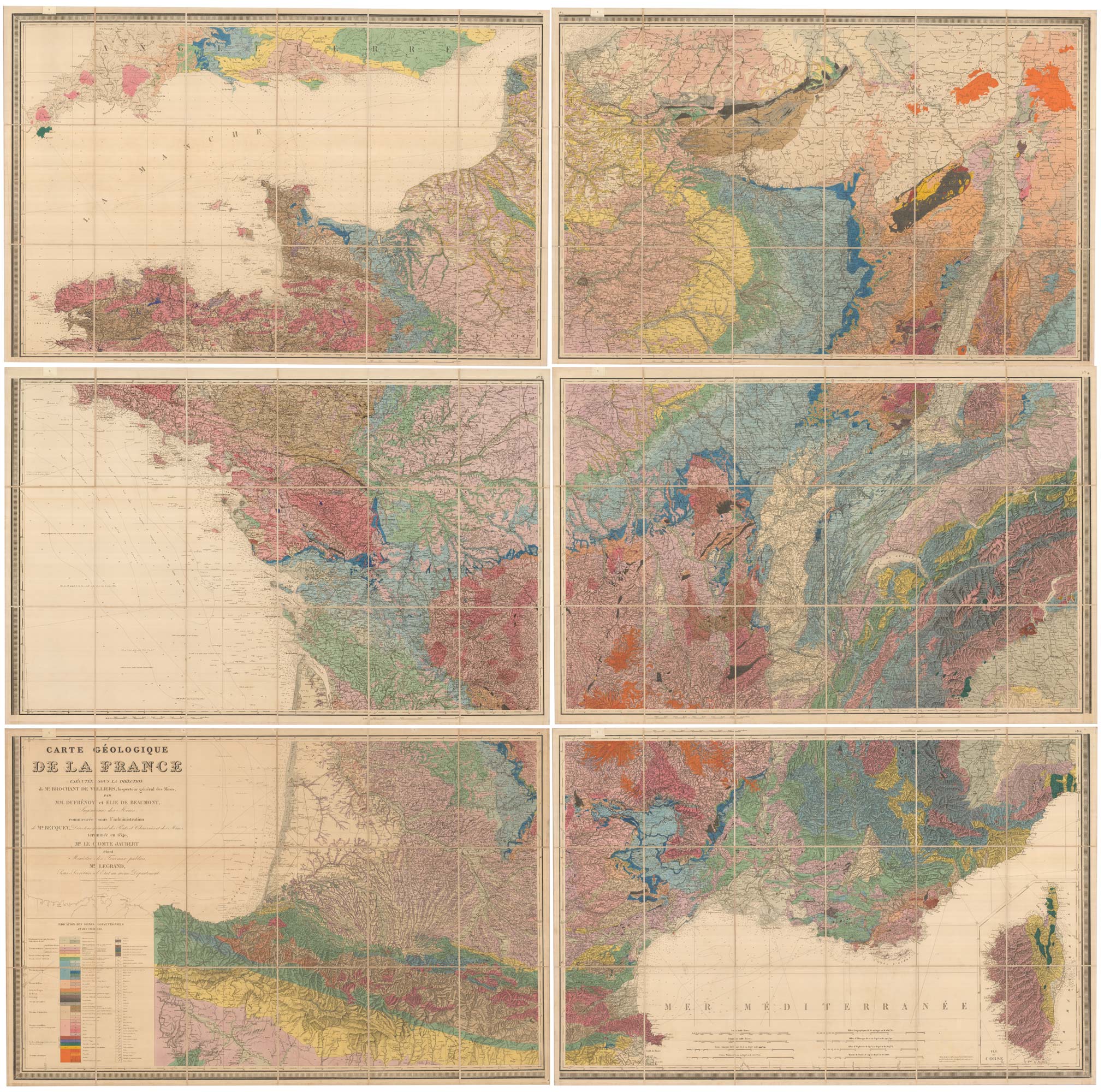 Dufrenoy's geological map of France, Carte Géologique de la France exécutee sous la direction de M.r Brouchant de Villiers