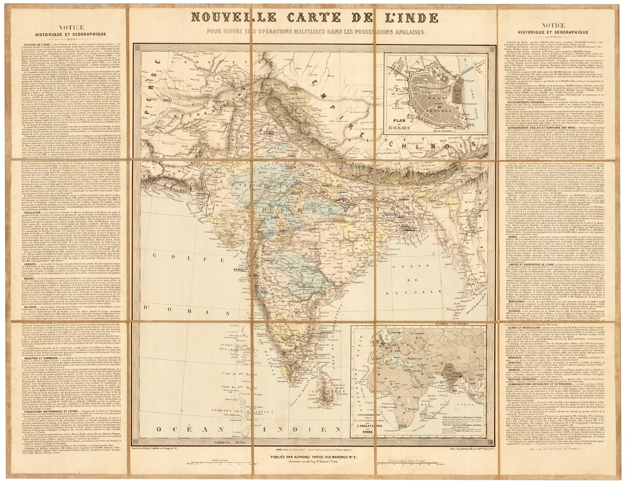 Map of India during the Rebellion of 1857 by Shrieble, Nouvelle Carte de l'Inde Pour Suivre les Opérations Militaires dans les Possessions Anglaises.