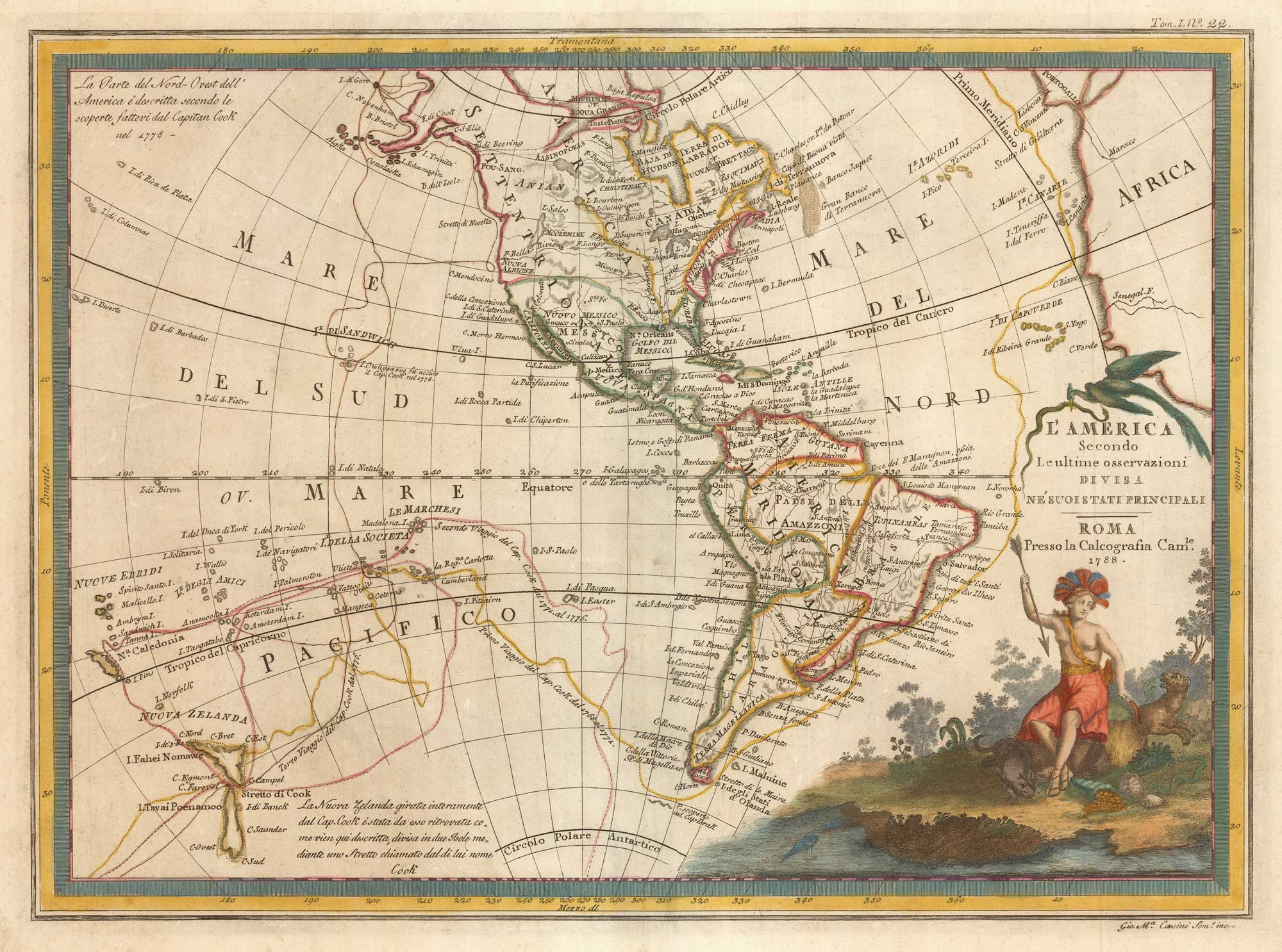 Cassini map of America, L'America Secondo Le ultime osservazioni Divisa ne'suoi Stati Principali