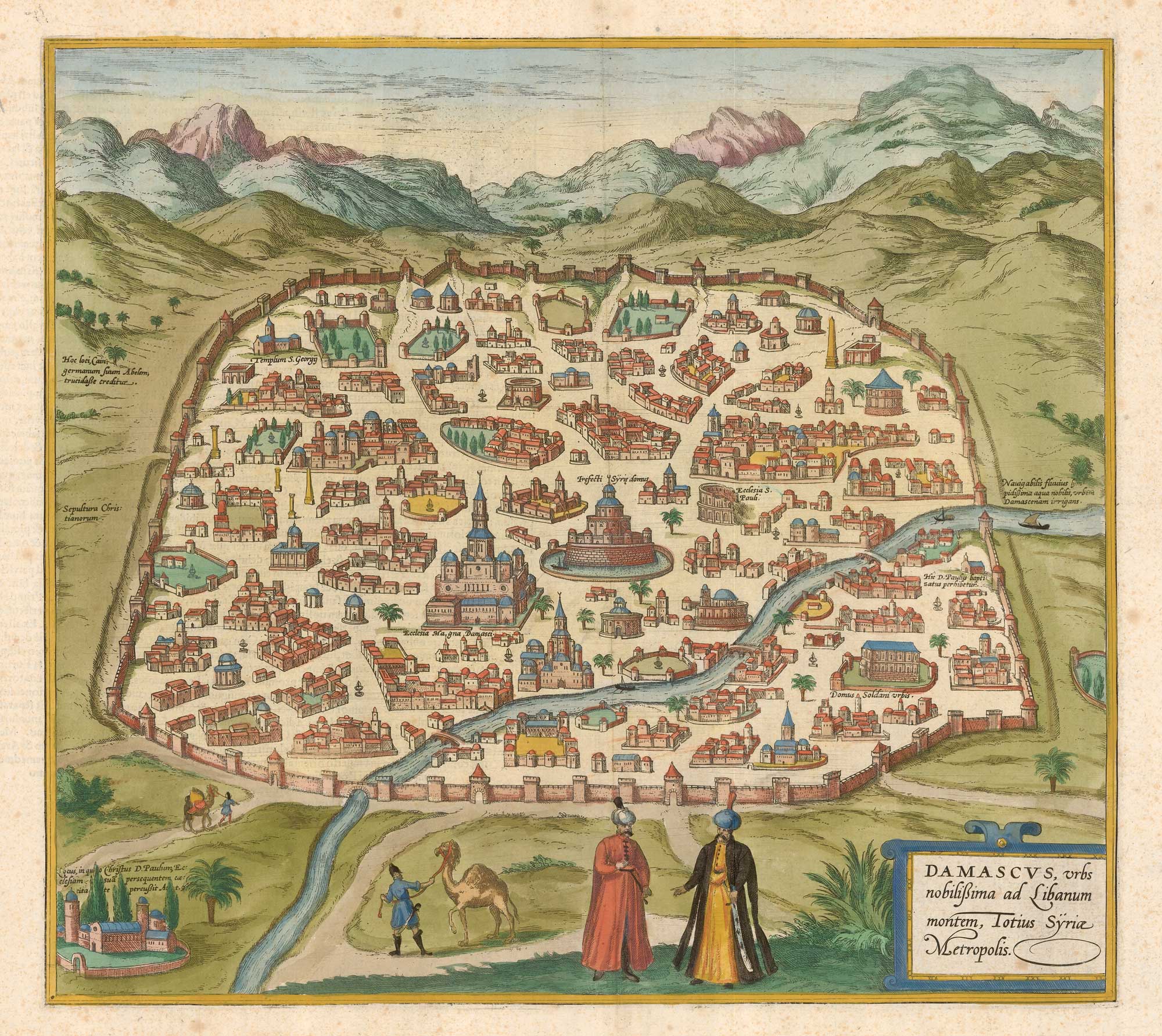Braun and Hogenberg's map of Damascus, Damascus, urbs nobilissima ad Libanum montem, Totius Syriae Metropolis.