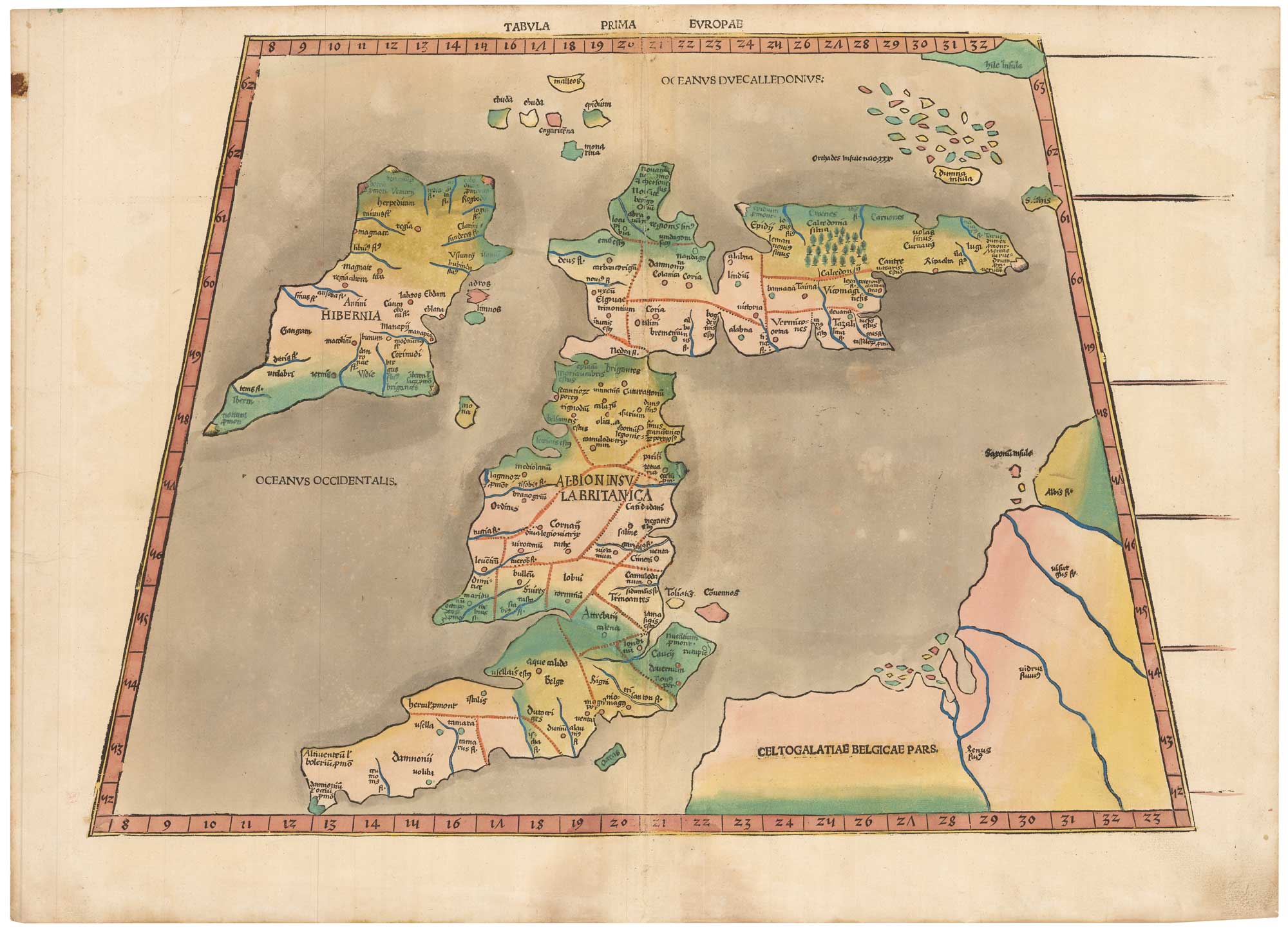 Waldseemuller map of the British Isles 1513, Tabula Prima Europae.