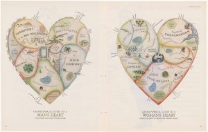 Geographical Guide to a Man's Heart with obstacles and entranced clearly marked. Geographical Guide to a Woman's Heart emphasizing points of interest to the romantic traveler by Lowrey