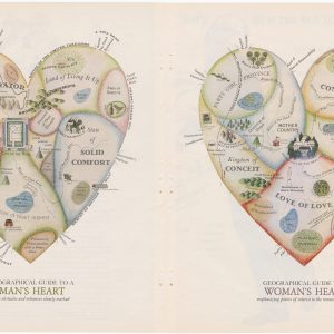 Geographical Guide to a Man's Heart with obstacles and entranced clearly marked. Geographical Guide to a Woman's Heart emphasizing points of interest to the romantic traveler by Lowrey