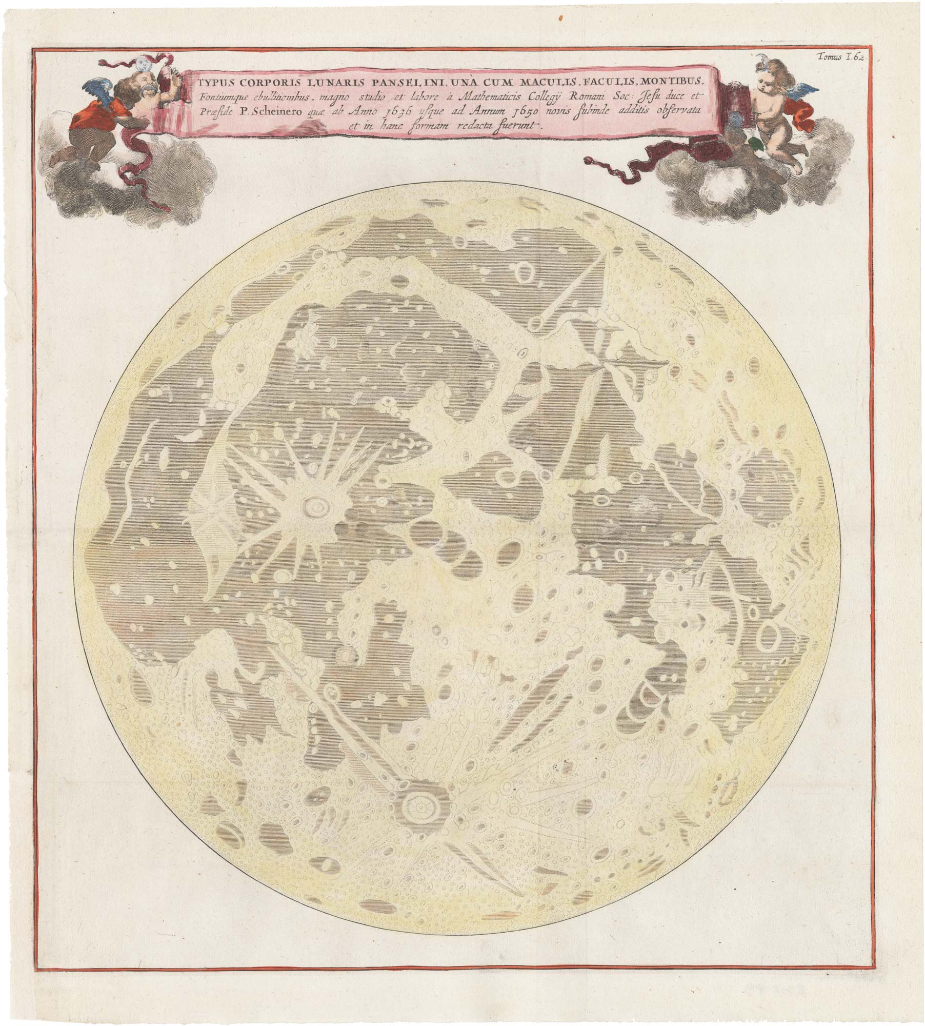 Kircher illustration of the Moon, Typus Corporis Lunaris Panselini Uná Cum Maculis Faculis Montibus