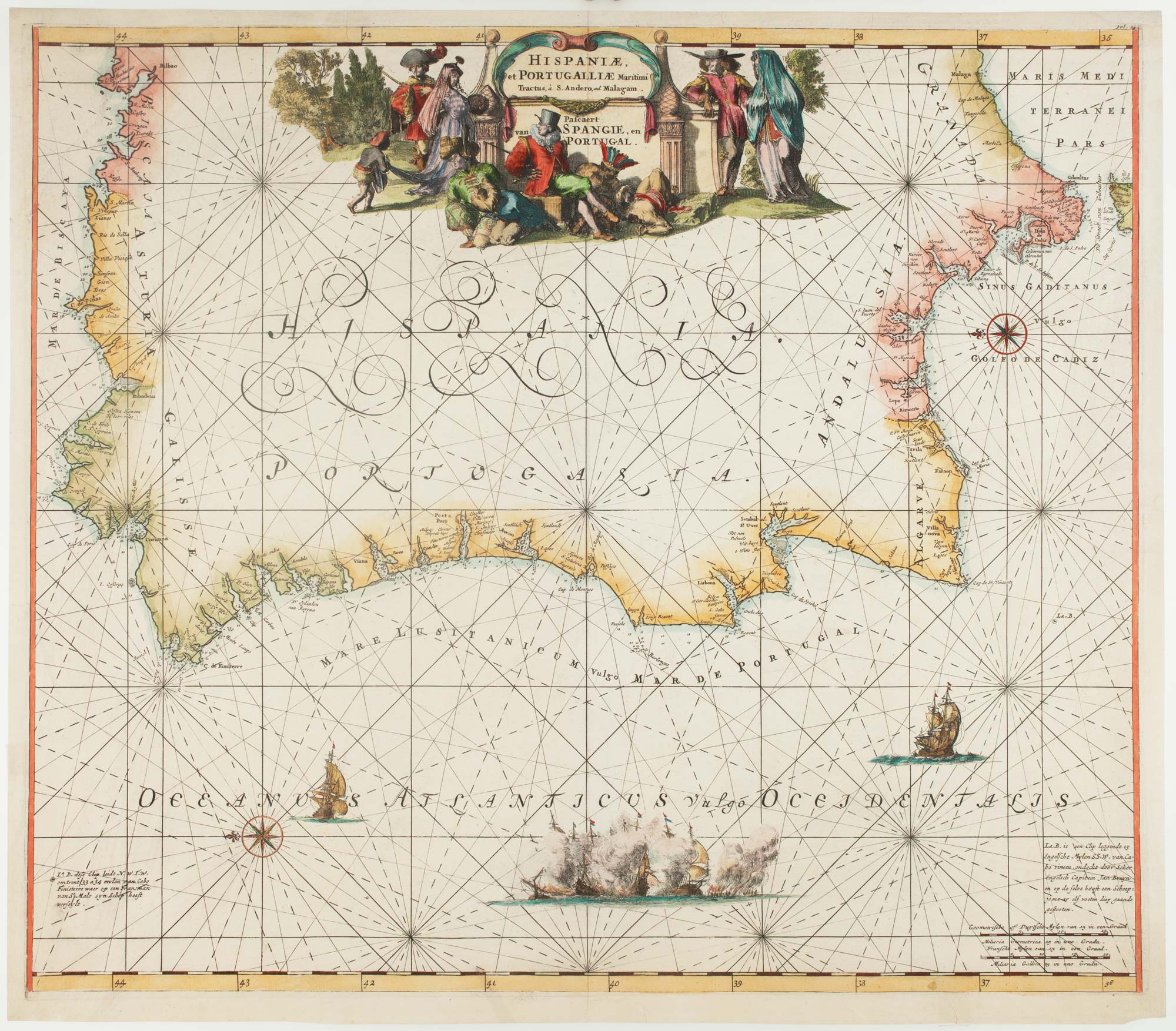 De Wit, sea chart of Iberia, title: Hispaniae, et Portugallae Maritimi tractus, à S.Andero, ad Malagam. Pascaert van Spagnie, en Portugal.