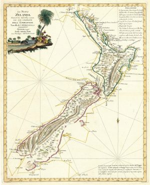 Zatta map of New Zealand, La Nuova Zelanda trascorsa nel 1769 e 1770 dal Cook comandante dell'Endeavour vascello di S.M. Britannica.