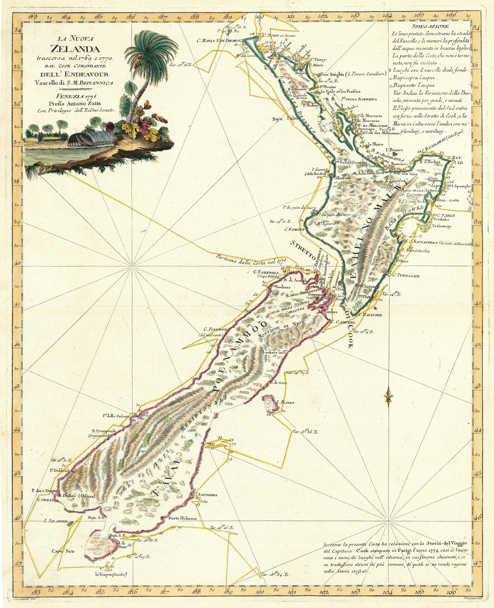 Zatta map of New Zealand, La Nuova Zelanda trascorsa nel 1769 e 1770 dal Cook comandante dell'Endeavour vascello di S.M. Britannica.