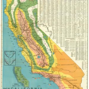 SOUTH PACIFIC RAILROAD COMPANY California, Map of California Illustrating Its Climatology -- Comparative Area -- Rail Lines -- Compiled From Official and Authentic Sources By The Southern Pacific