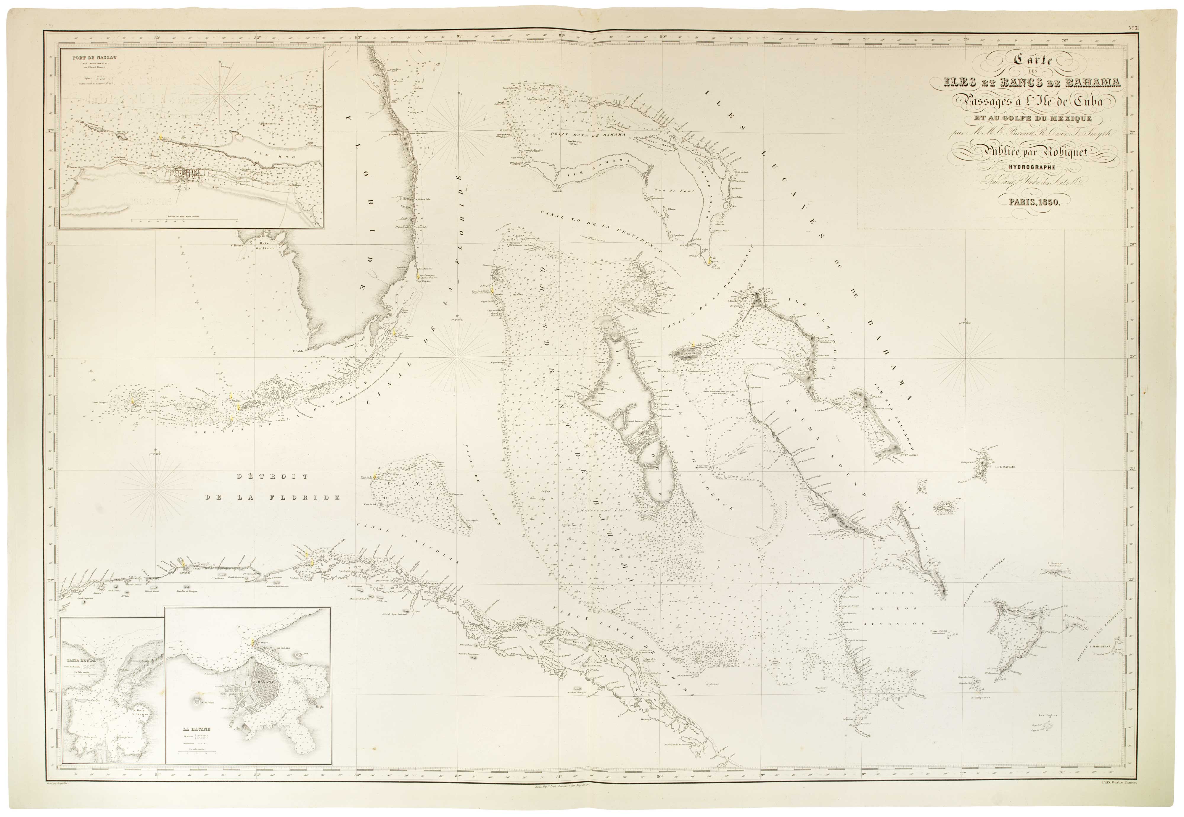 Robiquet, Bahamas & Florida, Carte des Iles et Bancs de Bahama Passages à l'Isle de Cuba ey au Golfe de Mexique par M.M. E. Barnett, R. Owen, T. Smyth.