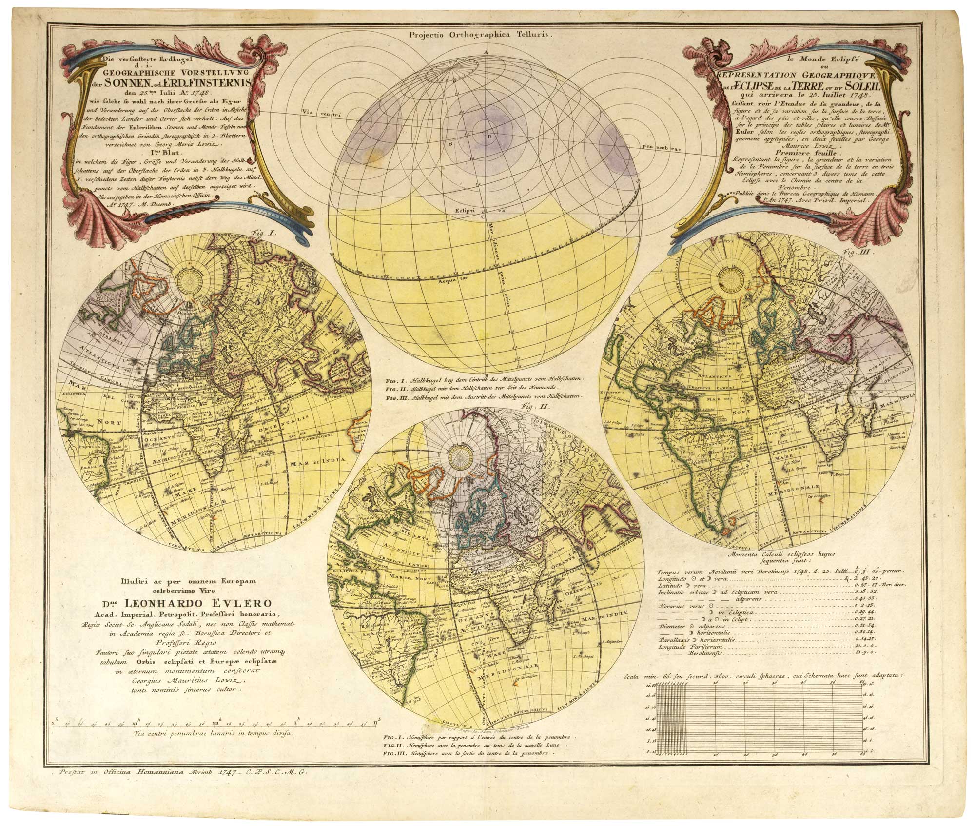 Lowitz / Euler, the predicted path of the 1748 solar eclipse, Die versinsterte Erdkugel d. i. Geographische, le Monde Eclipsé ou Representation Geographique de L'Eclipse de la Terre ou du Soleil qui
