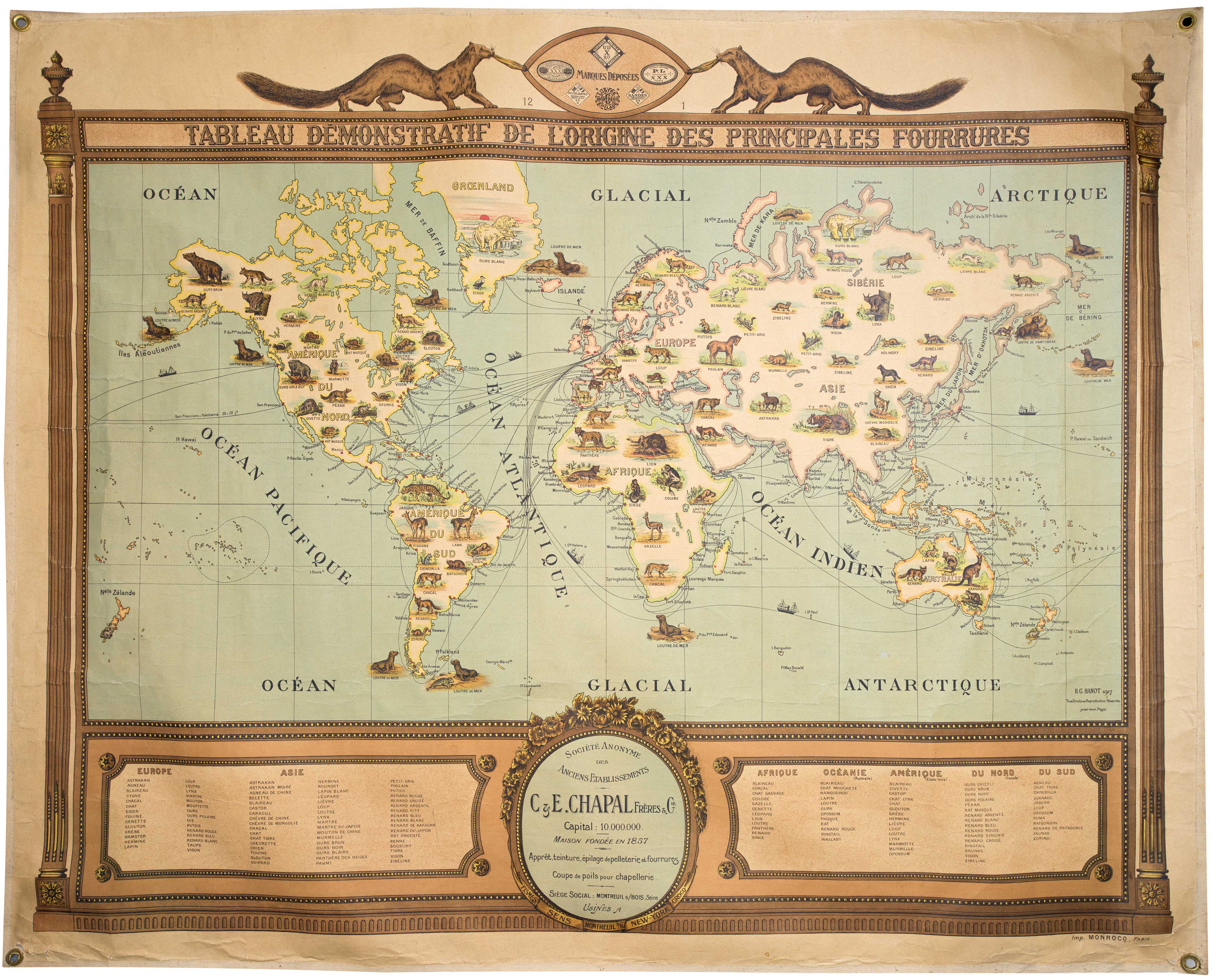 Hanot Fur map of the World, Tableau Demonstratif de L'Origine des Principales Fourrures.