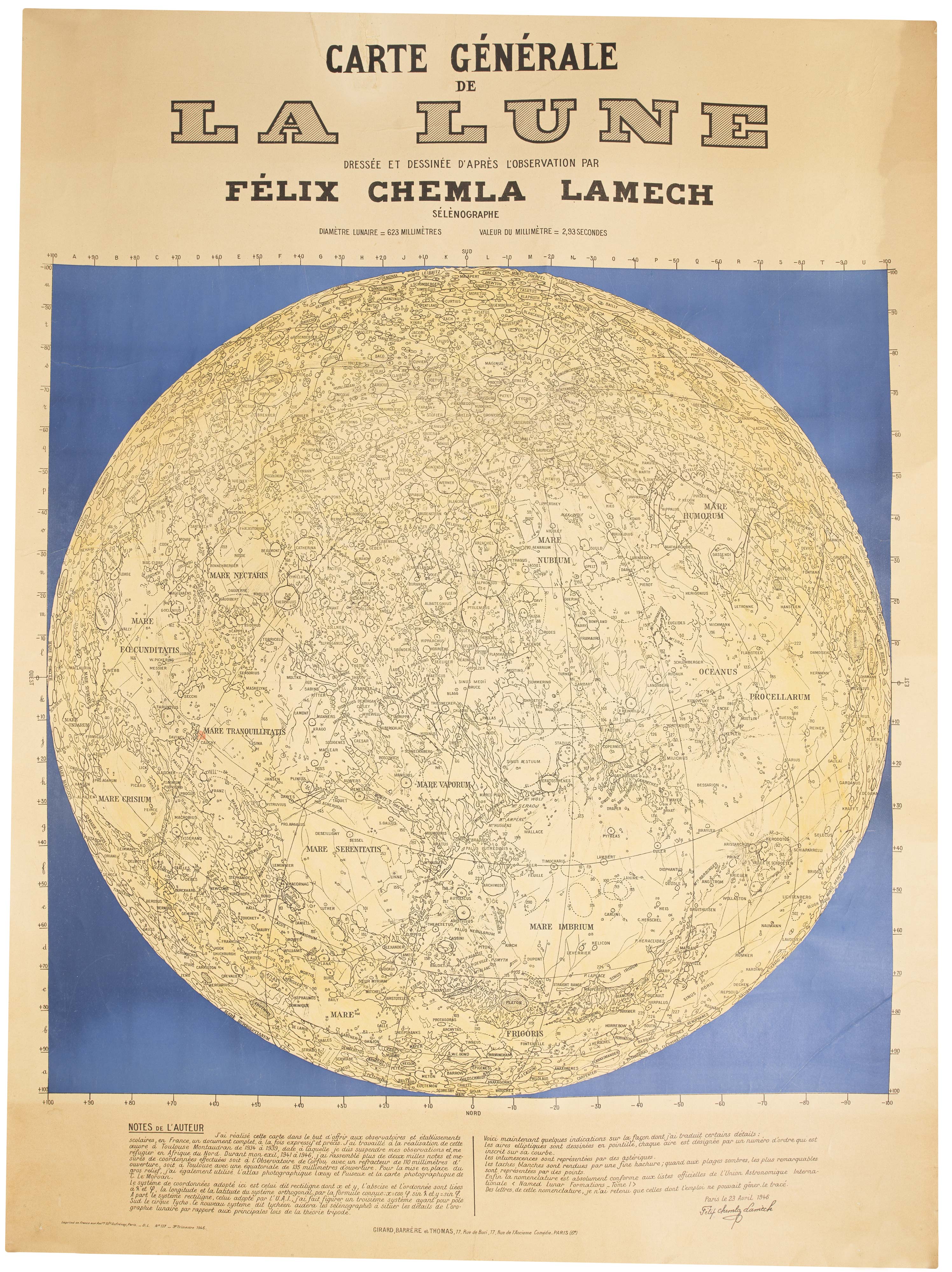 Chemla Lamech, map of the Moon 1946, varte Générale de la Lune Dressée et Dessinée d'Après l'Observation par Félix Chemla Lamech. Sélénographe.
