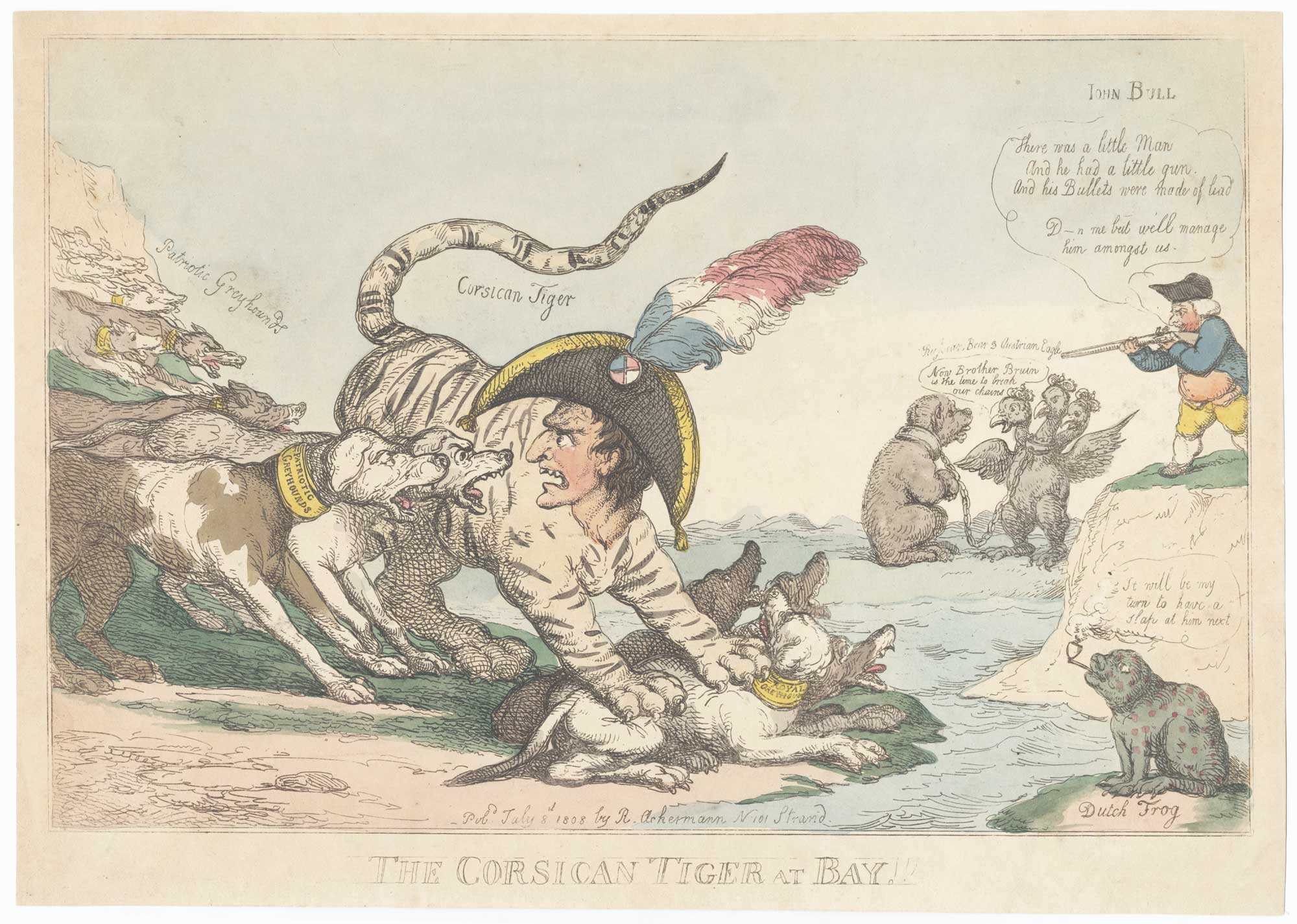 A satire depicting Napoleon as a tiger attacked by dogs