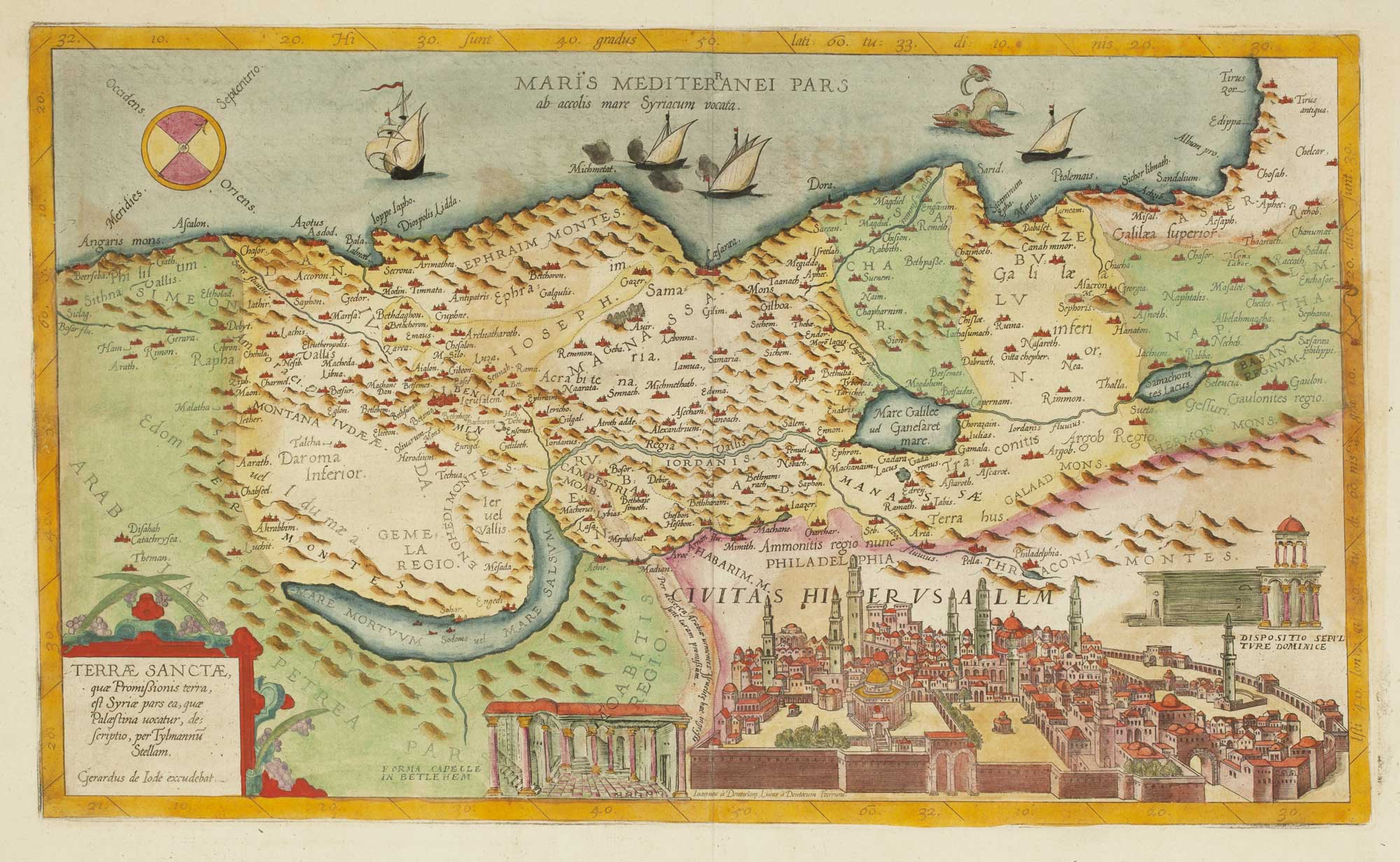 De Jode's rare map of the Holy Land, titled: Terrae Sanctae, quae Promissionis Terra, est Syriae pars ea, quae Palaestina vocatur, descriptio, Tylmannu Stellam.