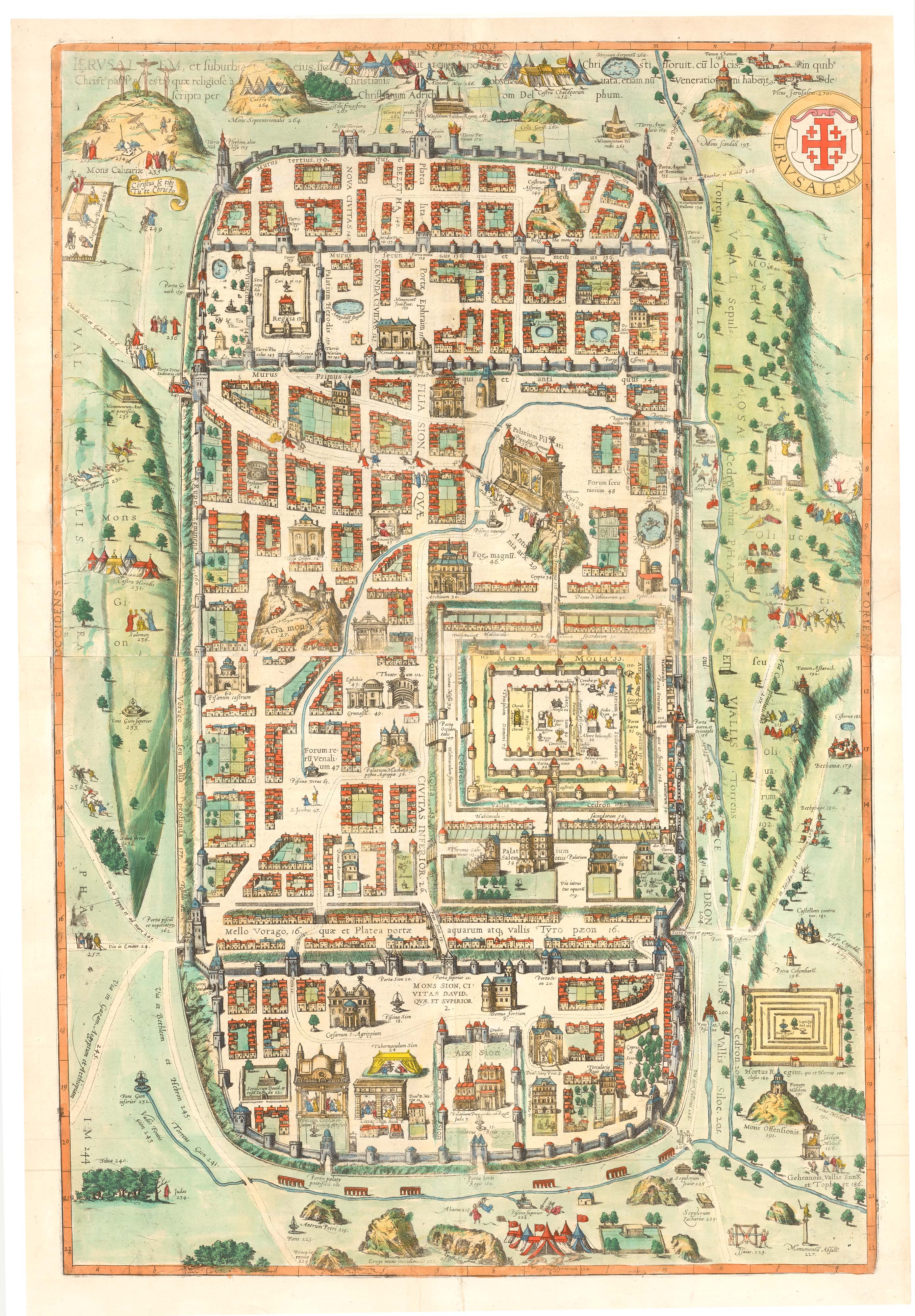 Braun and Hogenberg's two-sheet plan of Jerusalem, titled: Ierusalem et suburbia eius, sicut tempore Christi floruit...