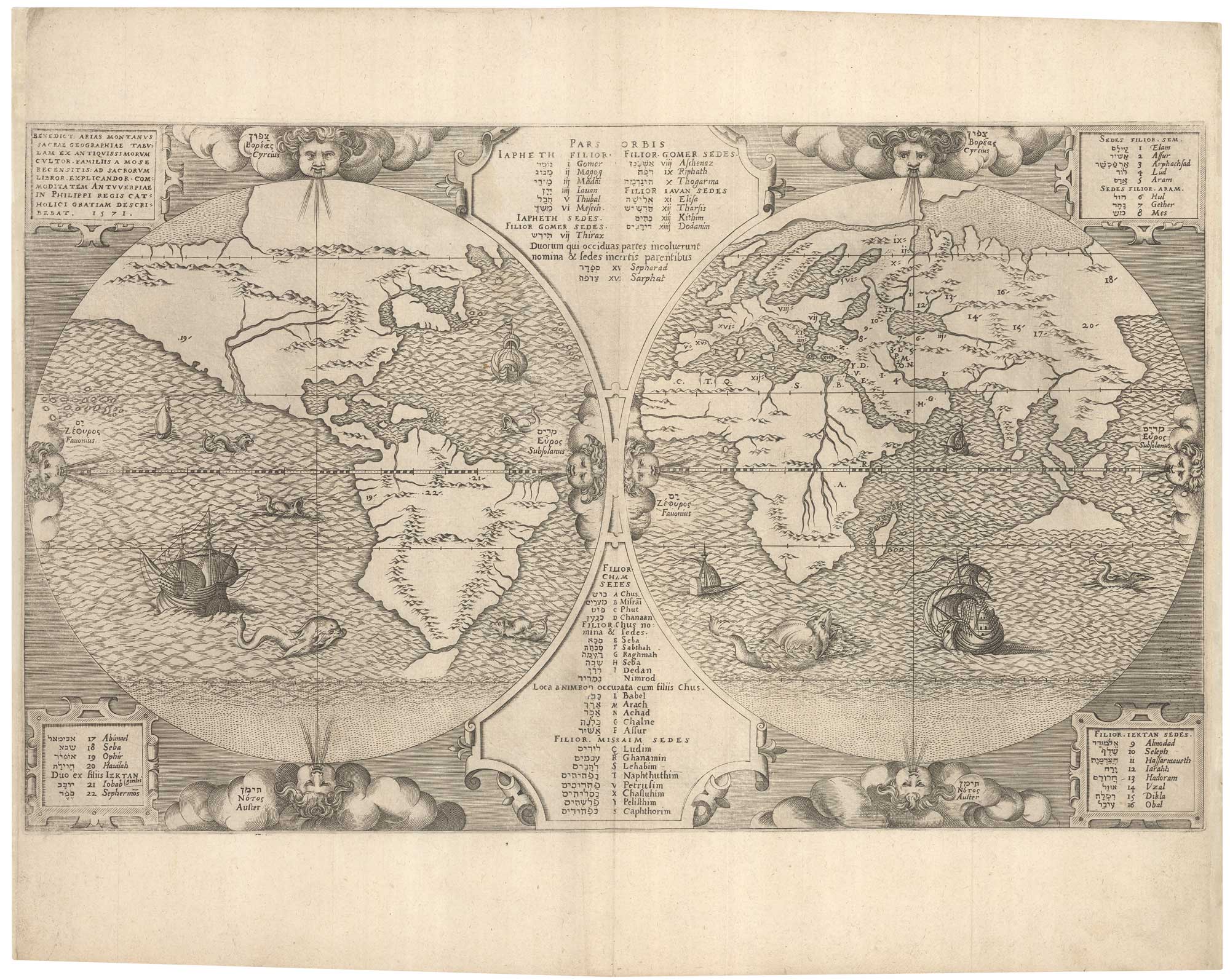 Arias Montanus's World map from 1572, titled: Benedict Arias Montanus Sacrae Geographiae Tabulam ex Antiquissimorum Cultor... 1571.