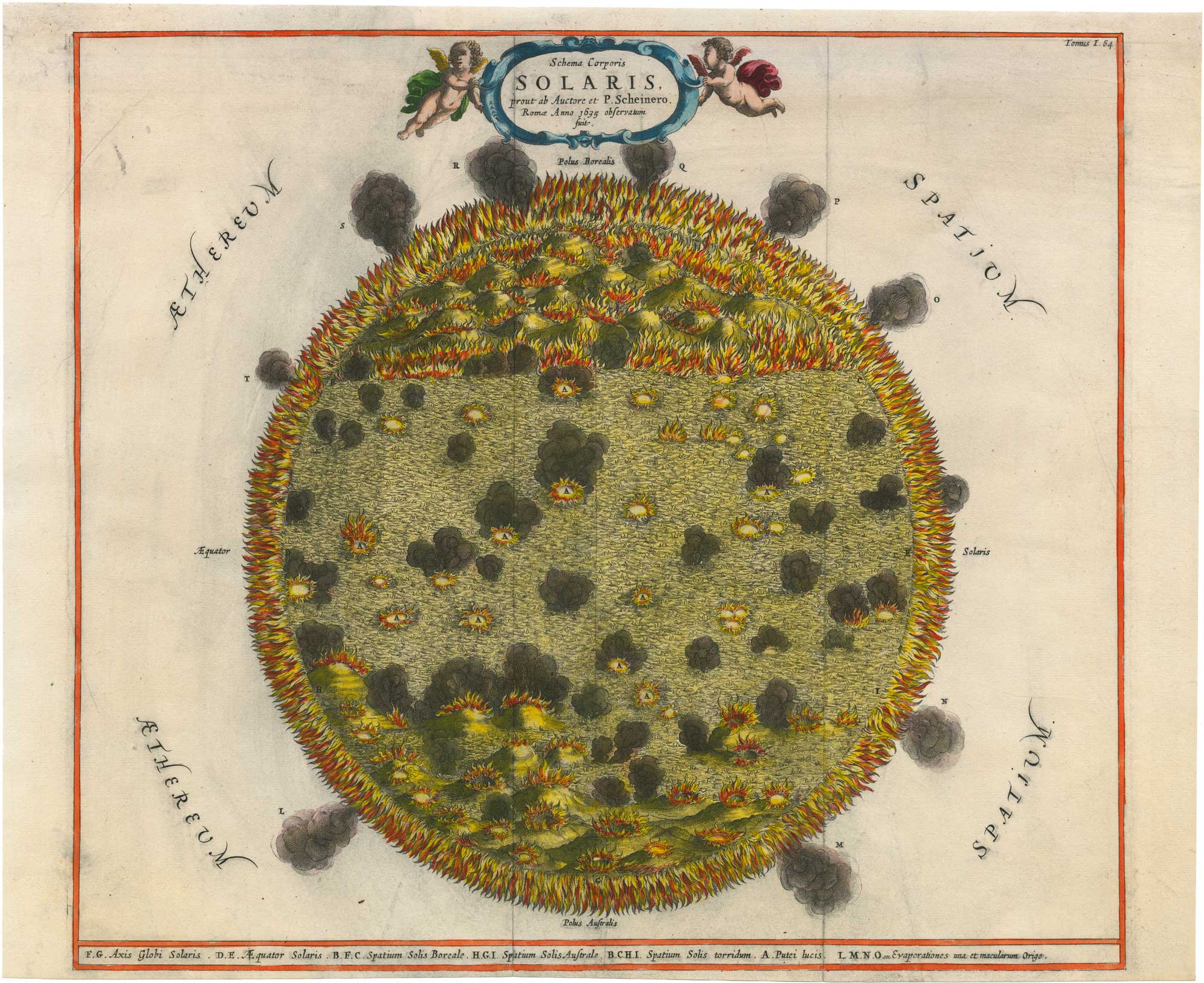 Kircher's map of the Sun, titled: Schema Corporis Solaris prout ab Auctore et P. Scheinero. Romae Anno 1635 observatum suit.